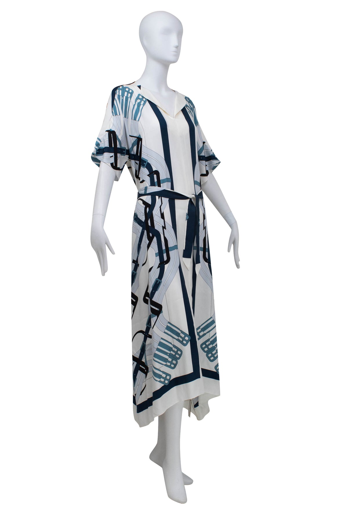 Hermes Blue and White Equestrian Print Silk Caftan Maxi Dress Size 40/8