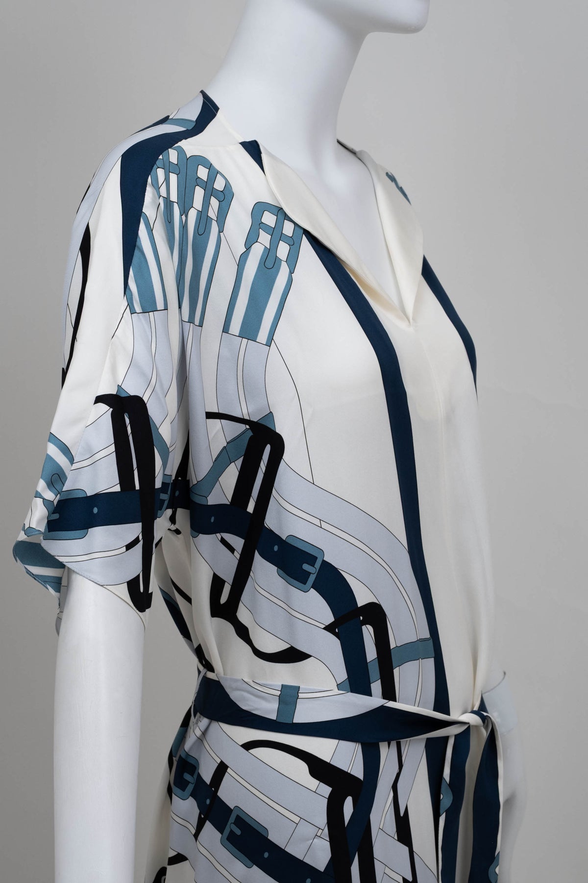 Hermes Blue and White Equestrian Print Silk Caftan Maxi Dress Size 40/8