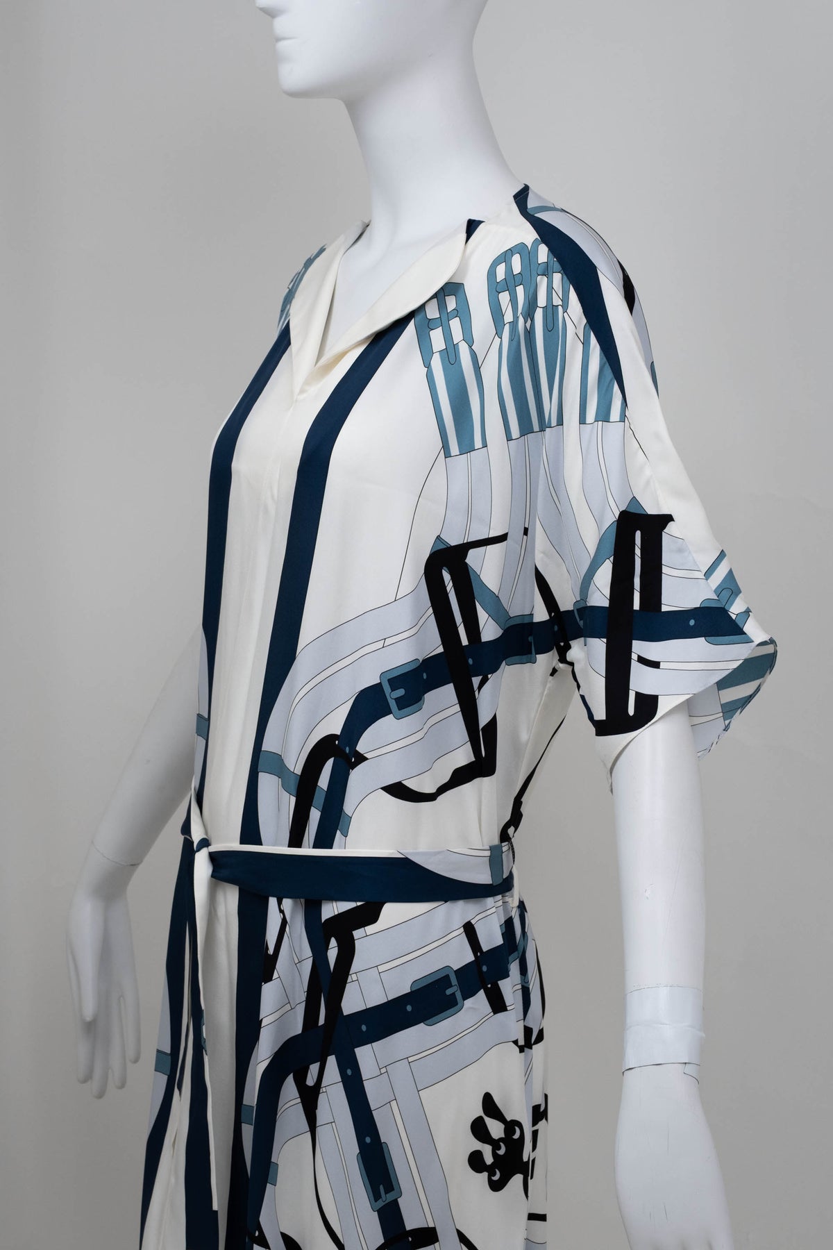 Hermes Blue and White Equestrian Print Silk Caftan Maxi Dress Size 40/8