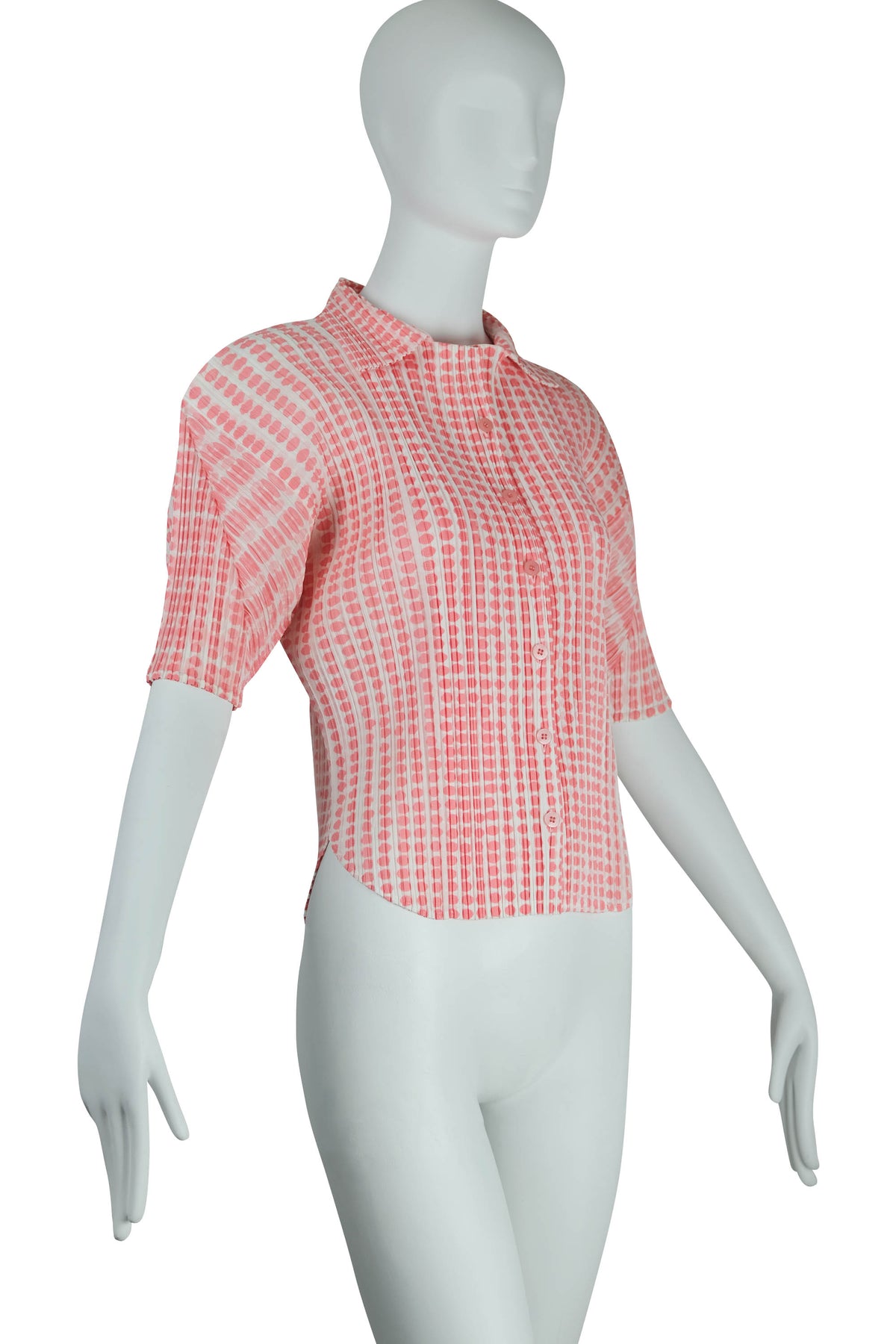 Issey Miyake Pleats Please Pink White Polka Dot Button Shirt Size M