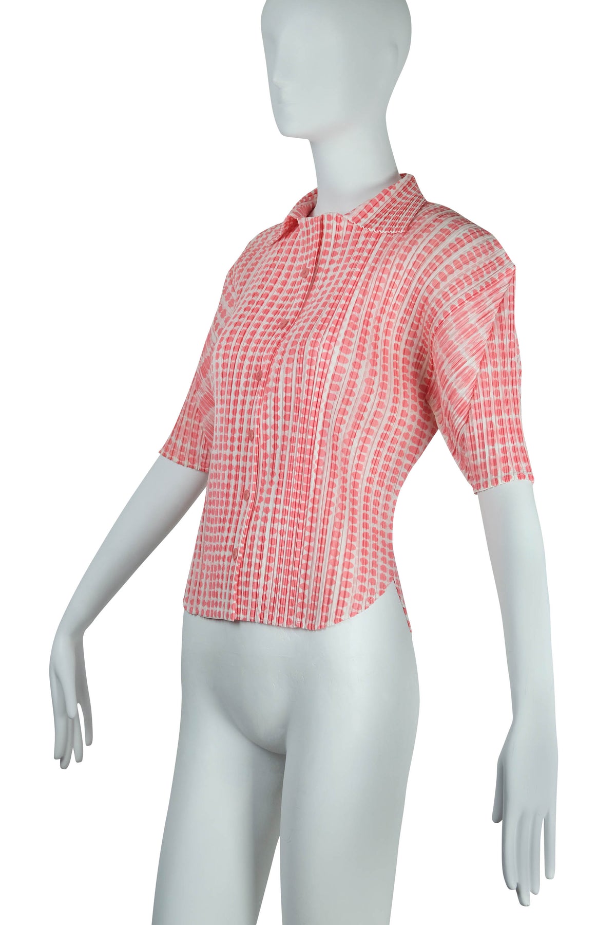 Issey Miyake Pleats Please Pink White Polka Dot Button Shirt Size M