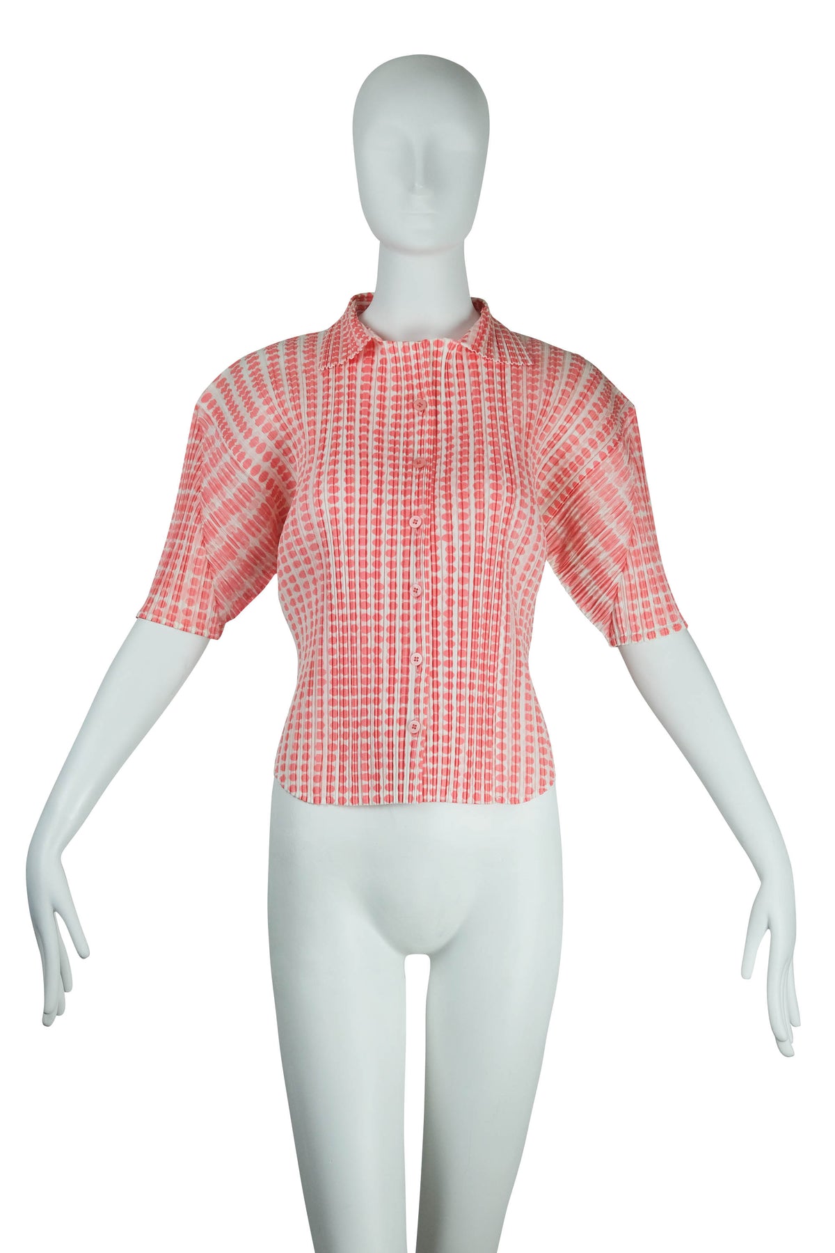 Issey Miyake Pleats Please Pink White Polka Dot Button Shirt Size M