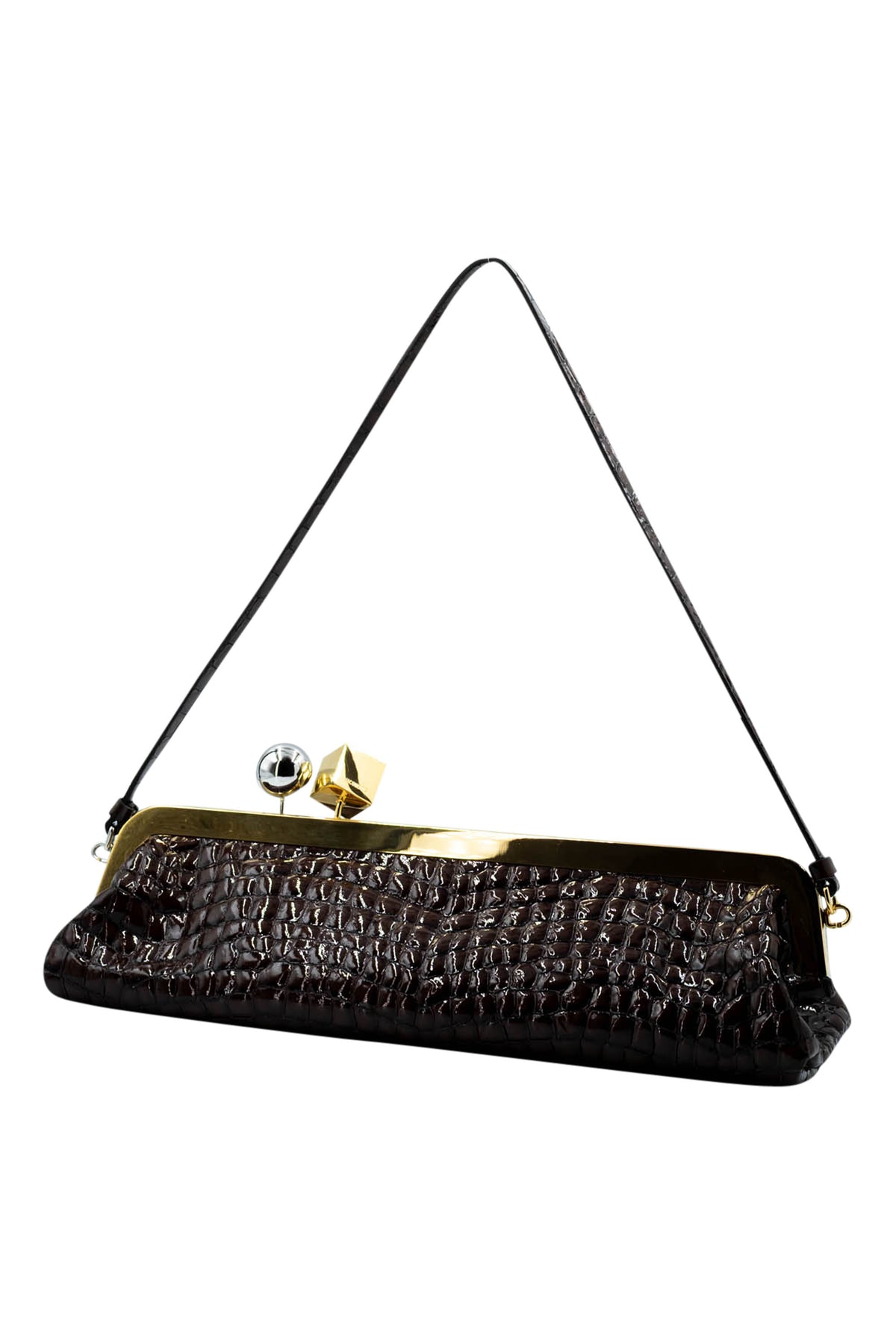 Jacquemus Brown Croc Stamped Patent Stamped Salon Bag Gold and Silver Hardware Purse