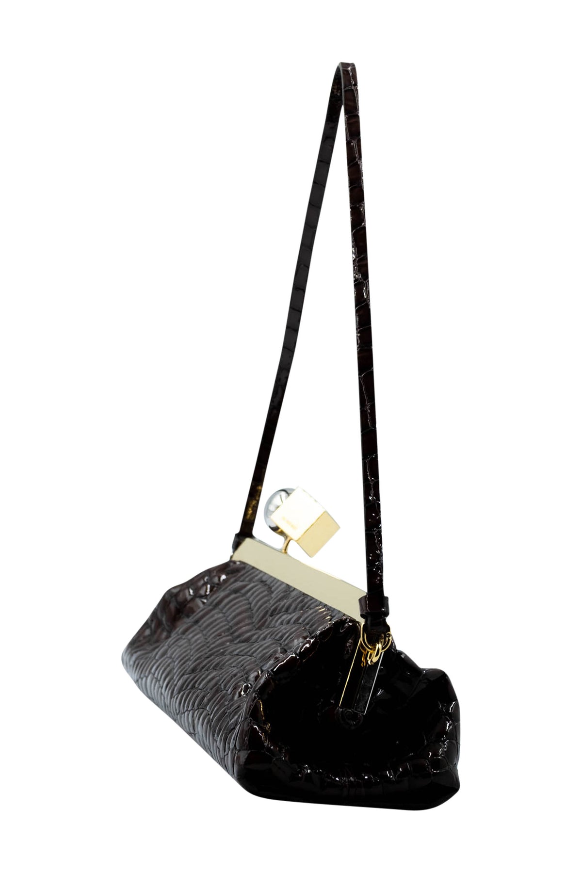 Jacquemus Brown Croc Stamped Patent Stamped Salon Bag Gold and Silver Hardware Purse