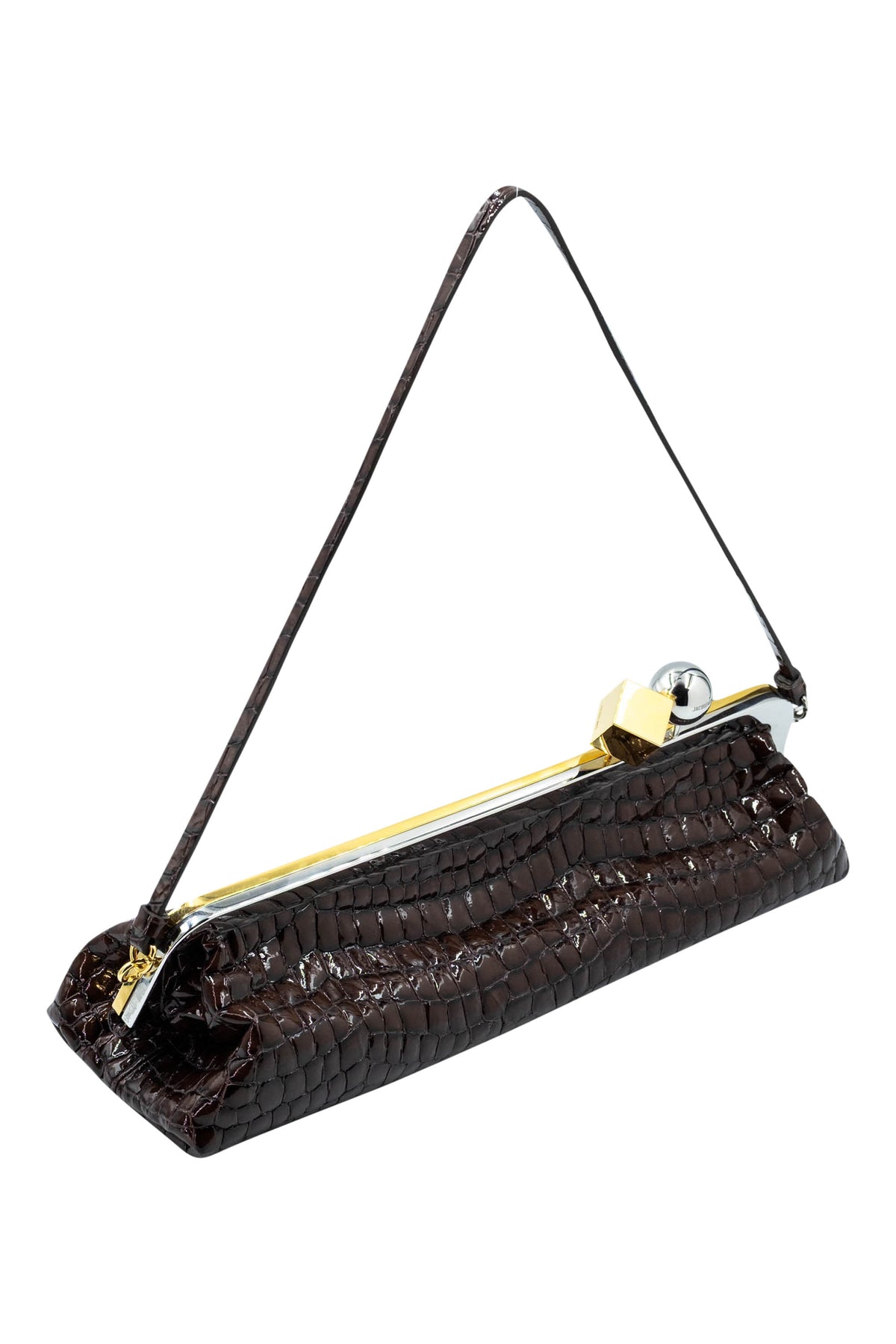 Jacquemus Brown Croc Stamped Patent Stamped Salon Bag Gold and Silver Hardware Purse