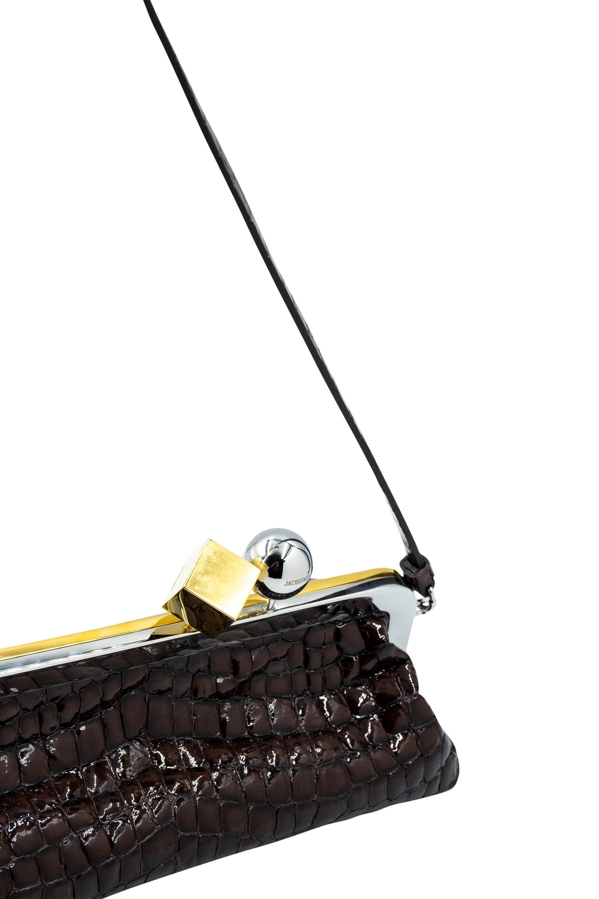 Jacquemus Brown Croc Stamped Patent Stamped Salon Bag Gold and Silver Hardware Purse