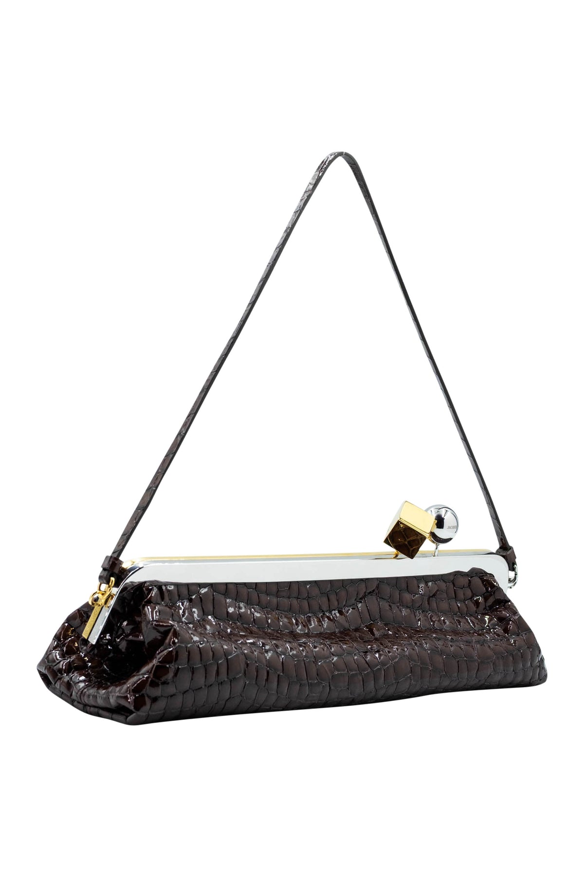 Jacquemus Brown Croc Stamped Patent Stamped Salon Bag Gold and Silver Hardware Purse