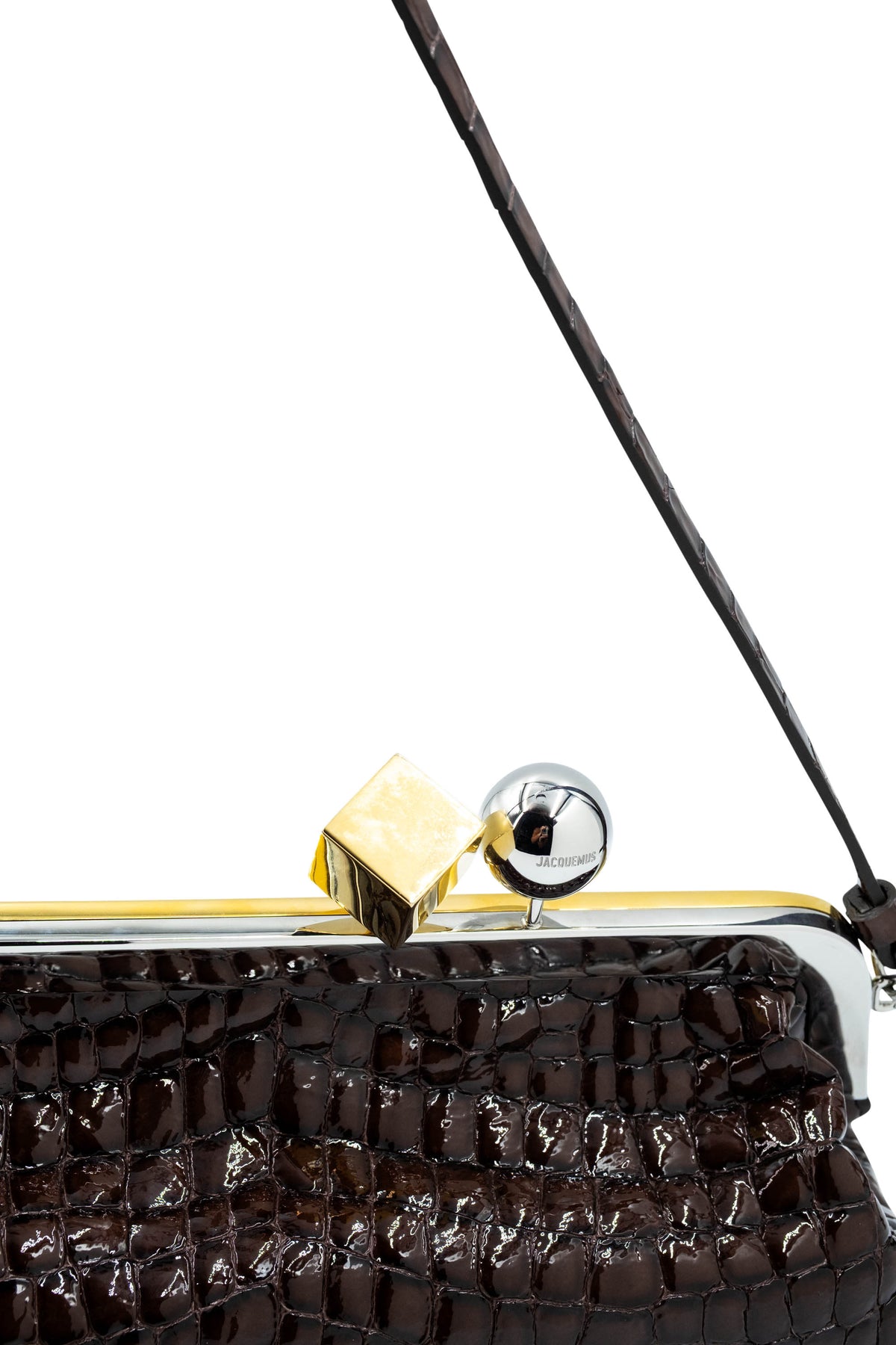 Jacquemus Brown Croc Stamped Patent Stamped Salon Bag Gold and Silver Hardware Purse