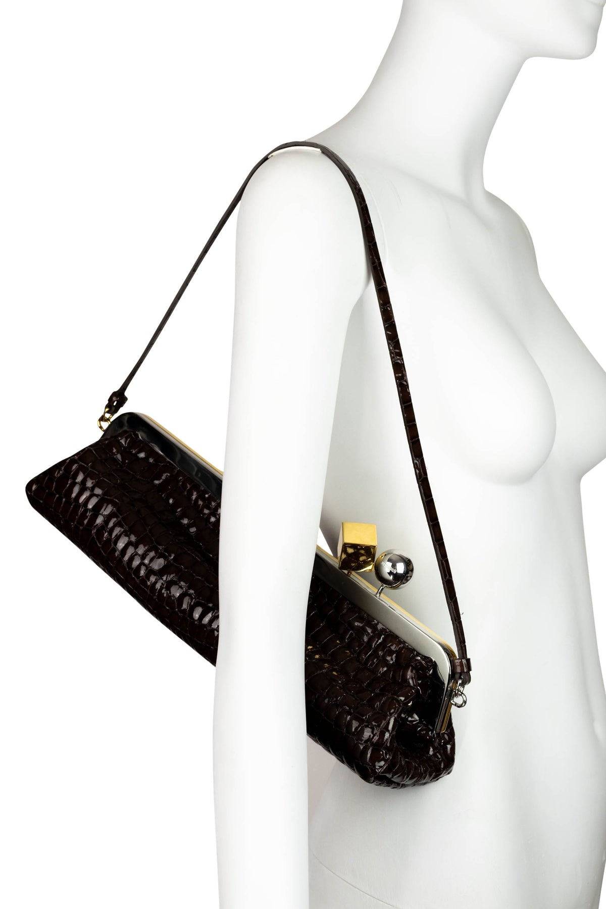 Jacquemus Brown Croc Stamped Patent Stamped Salon Bag Gold and Silver Hardware Purse