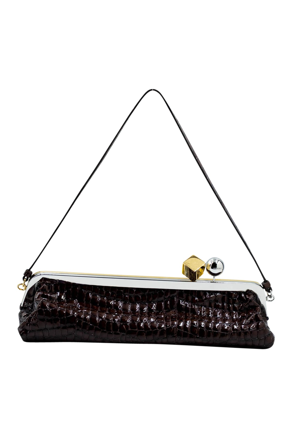 Jacquemus Brown Croc Stamped Patent Stamped Salon Bag Gold and Silver Hardware Purse
