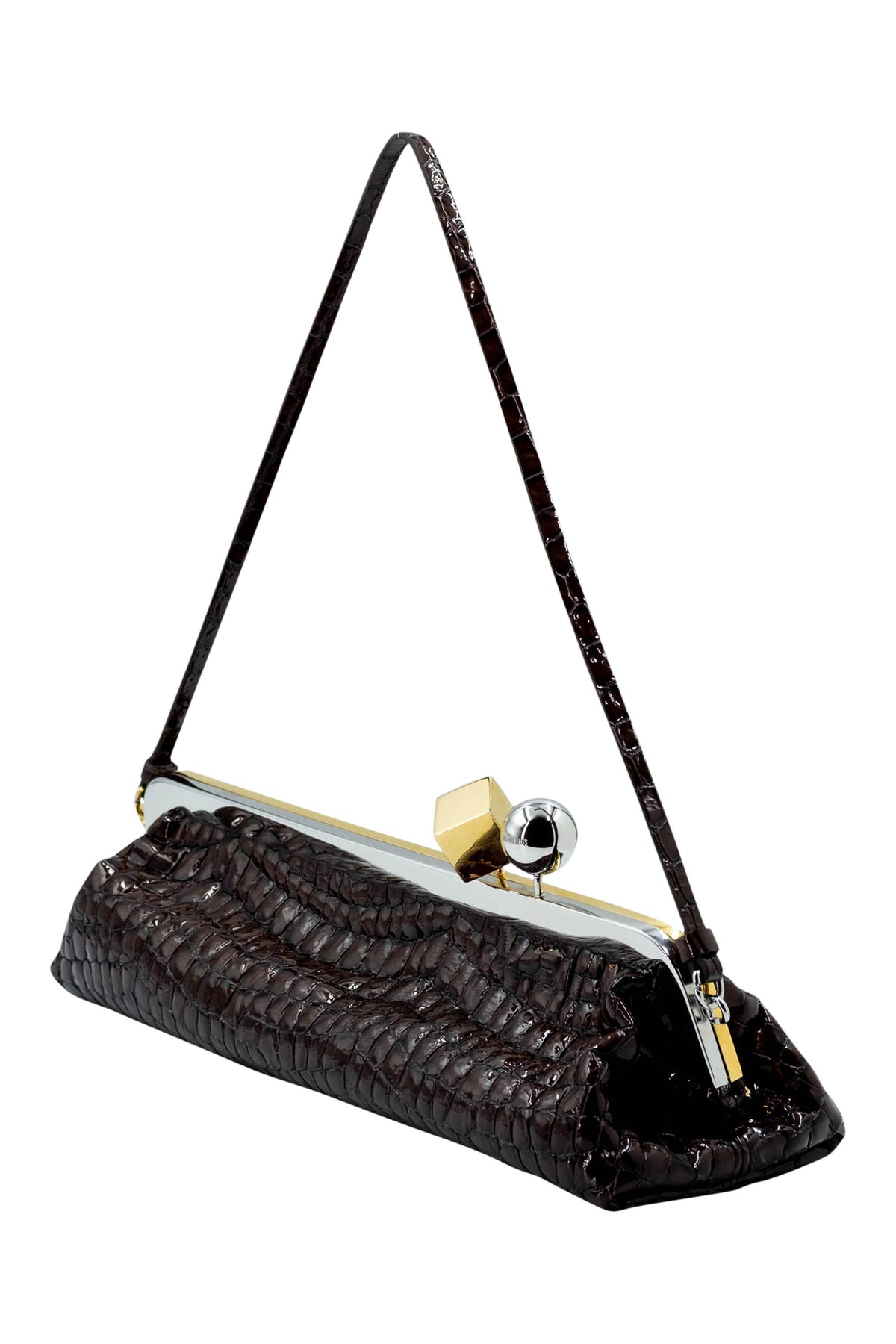 Jacquemus Brown Croc Stamped Patent Stamped Salon Bag Gold and Silver Hardware Purse