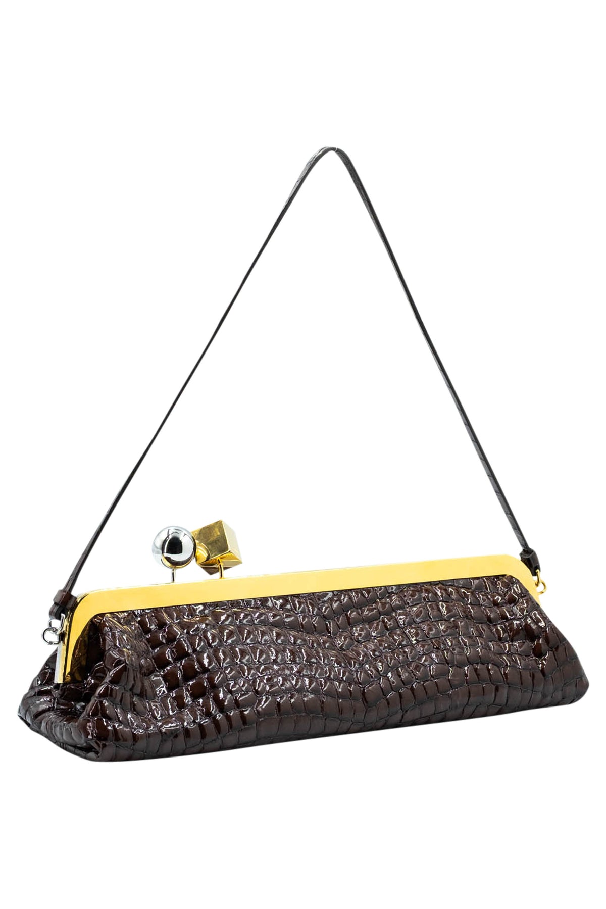 Jacquemus Brown Croc Stamped Patent Stamped Salon Bag Gold and Silver Hardware Purse