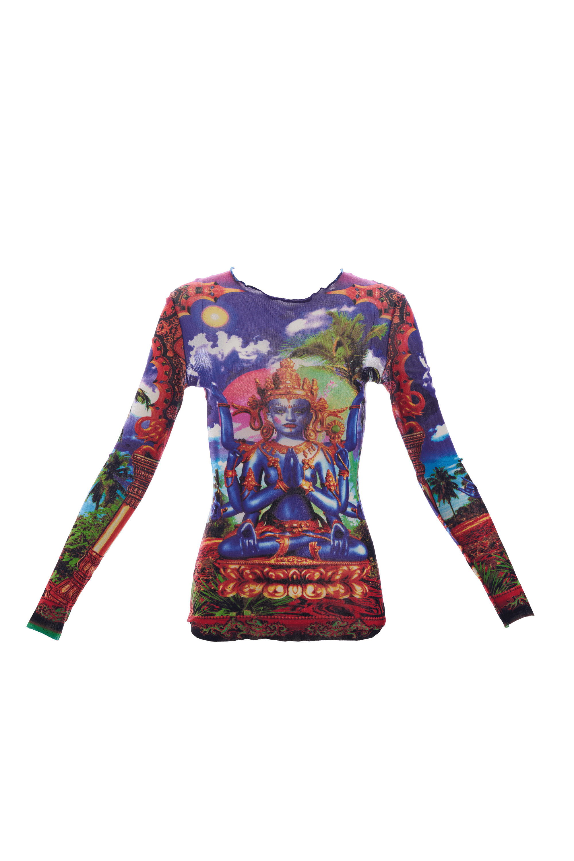 Jean Paul Gaultier Small Purple India Print Mesh Shirt - Foxy Jean Paul Gaultier Small Purple India Print Mesh Shirt - Foxy