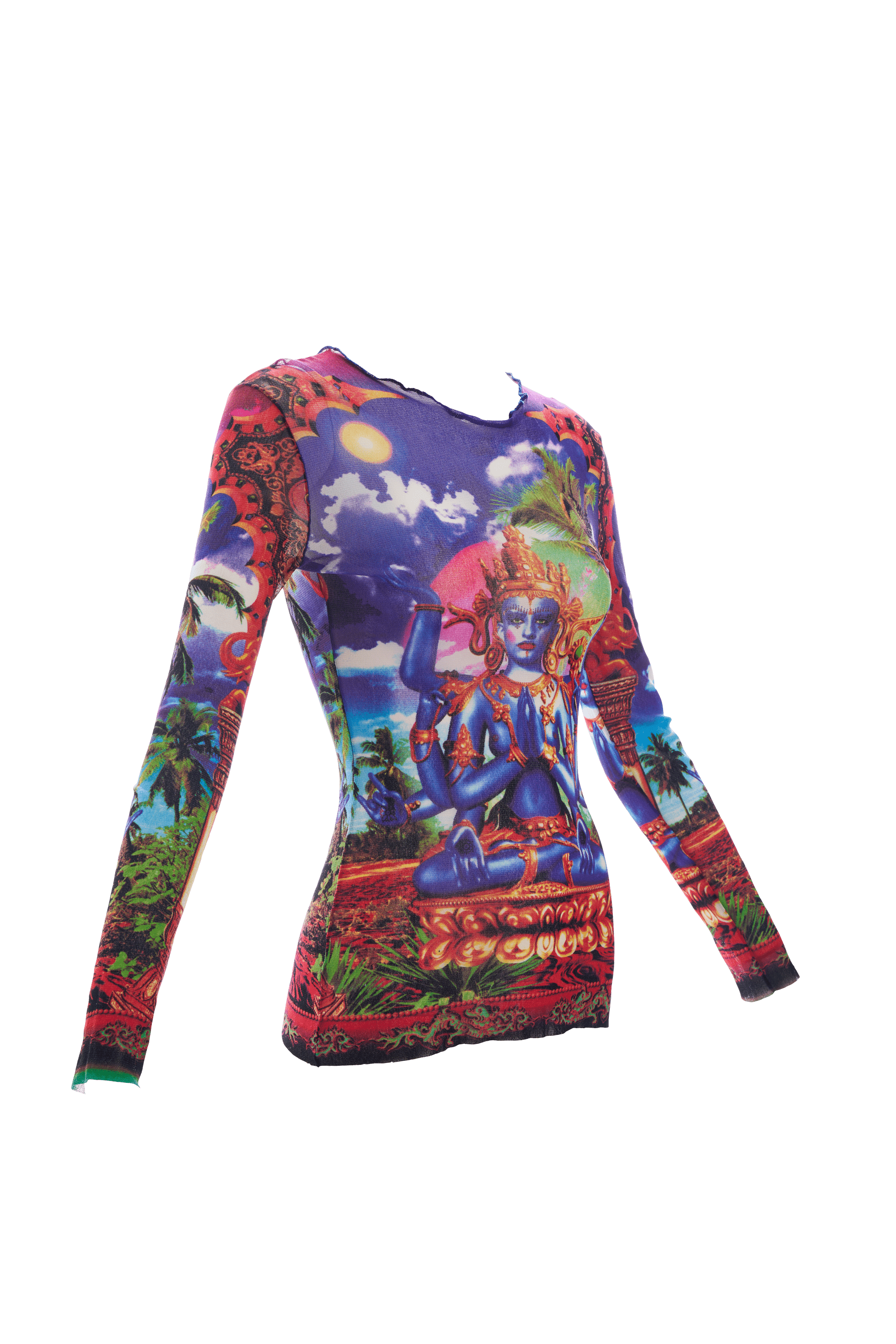 Jean Paul Gaultier Small Purple India Print Mesh Shirt - Foxy Jean Paul Gaultier Small Purple India Print Mesh Shirt - Foxy