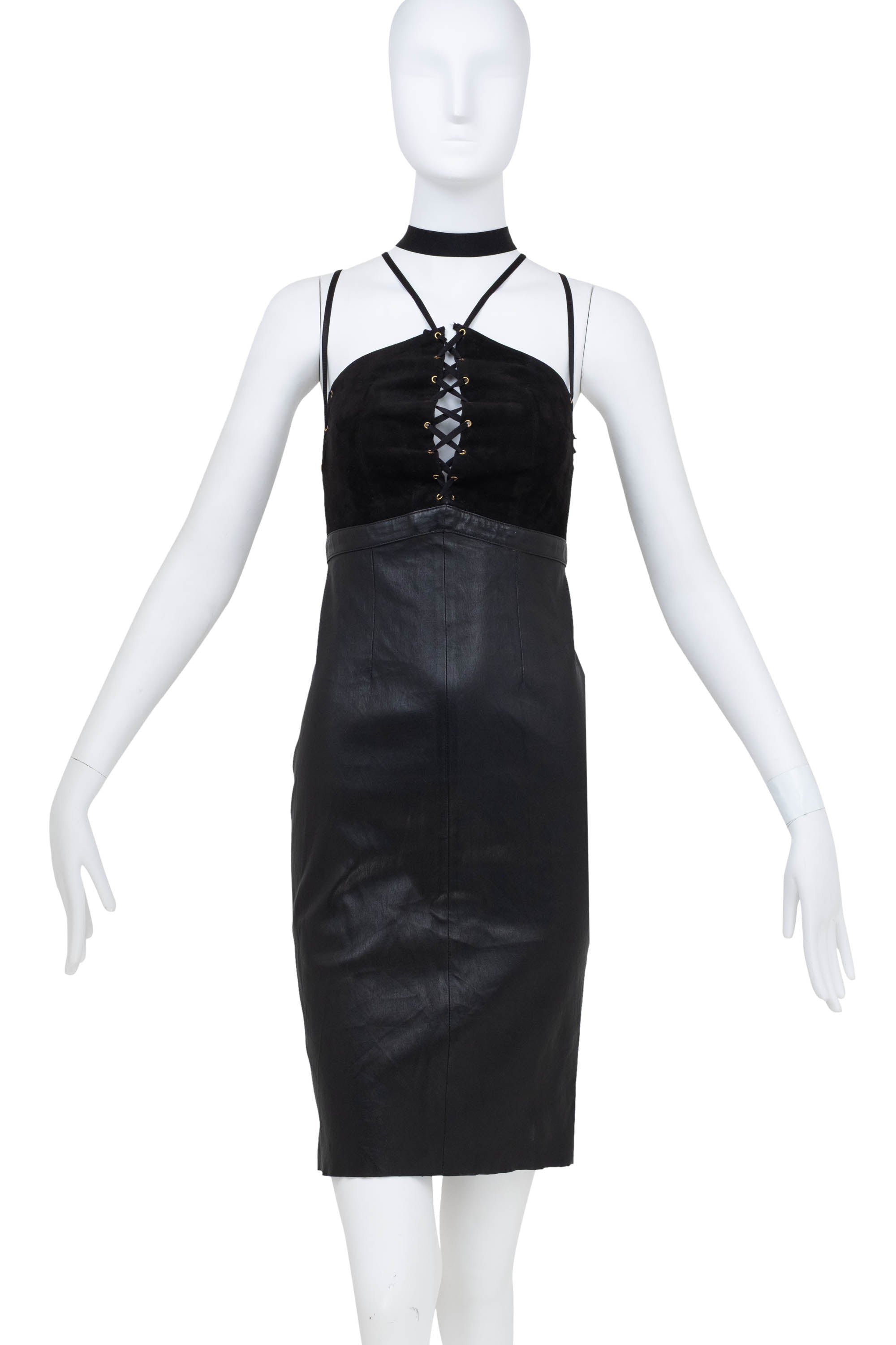 Jitrois Black Leather Halter Neck Lace-up Dress Size 38