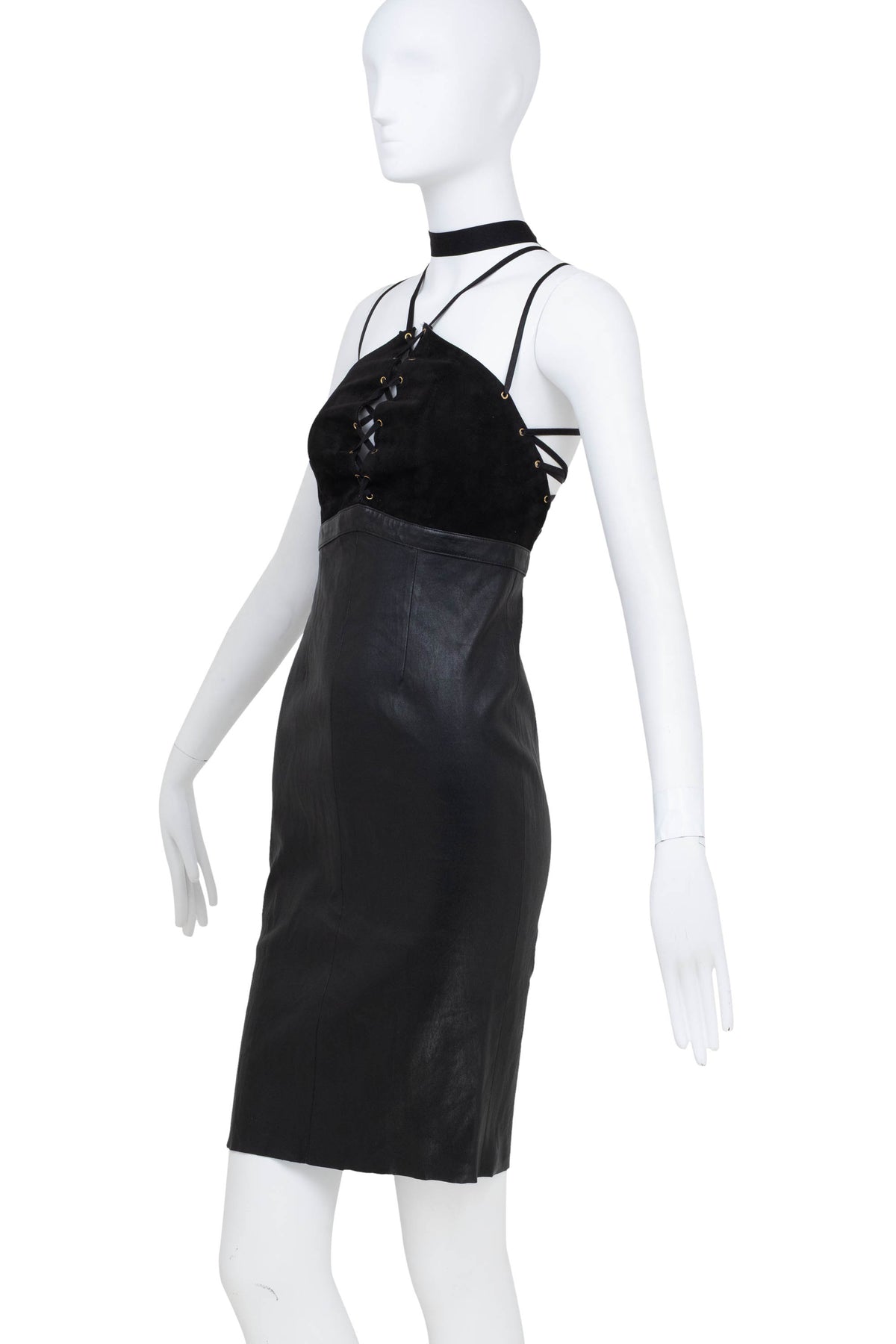 Jitrois Black Leather Halter Neck Lace-up Dress Size 38