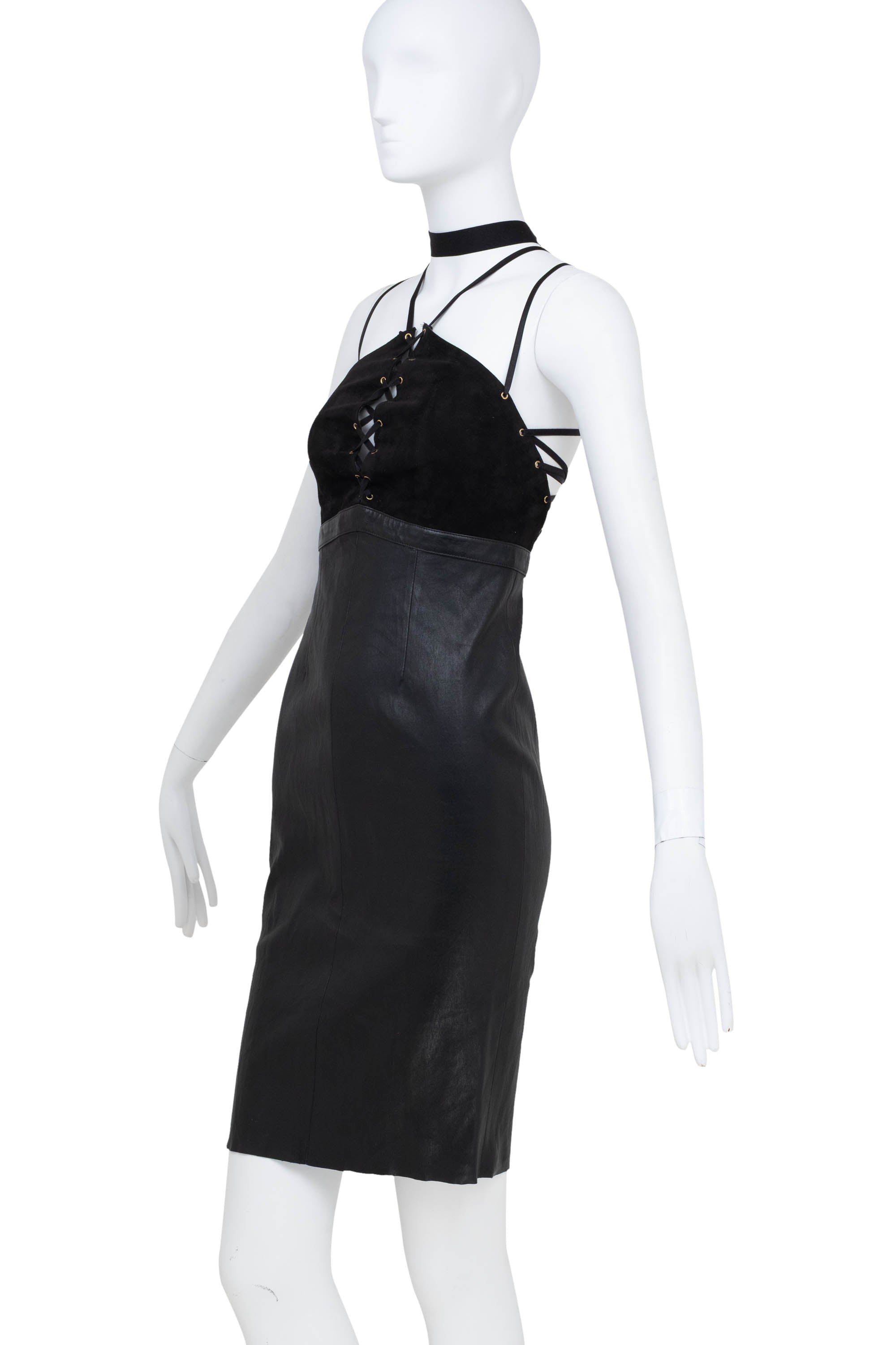 Jitrois Black Leather Halter Neck Lace-up Dress Size 38