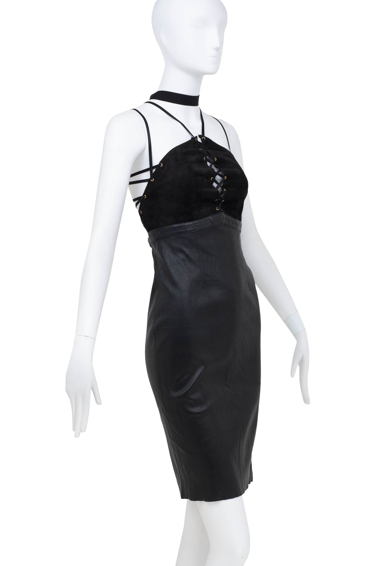 Jitrois Black Leather Halter Neck Lace-up Dress Size 38