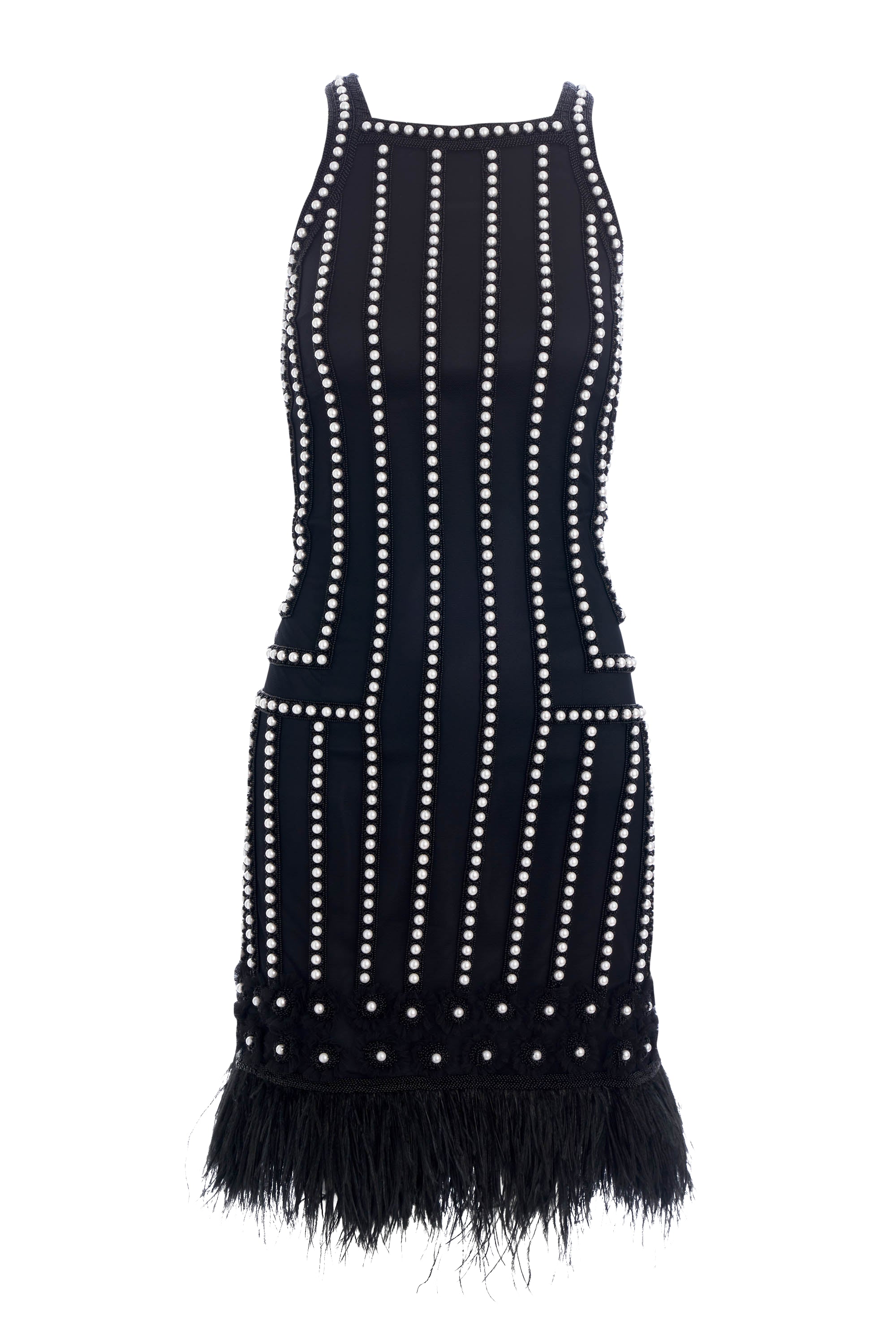 Joanna Mastroianni Black Sleeveless Dress with Feather Trim and Pearl Detail