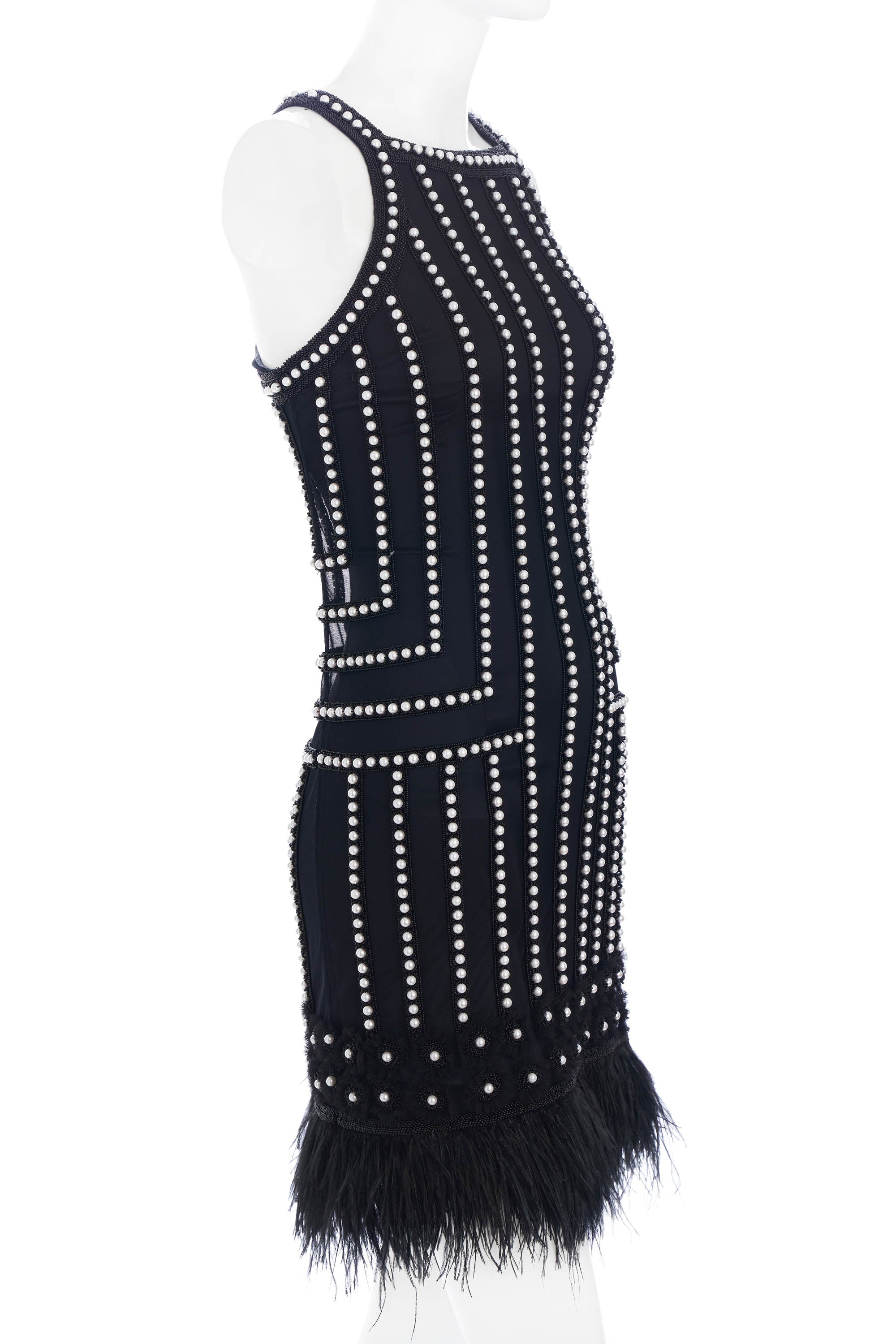 Joanna Mastroianni Black Sleeveless Dress with Feather Trim and Pearl Detail