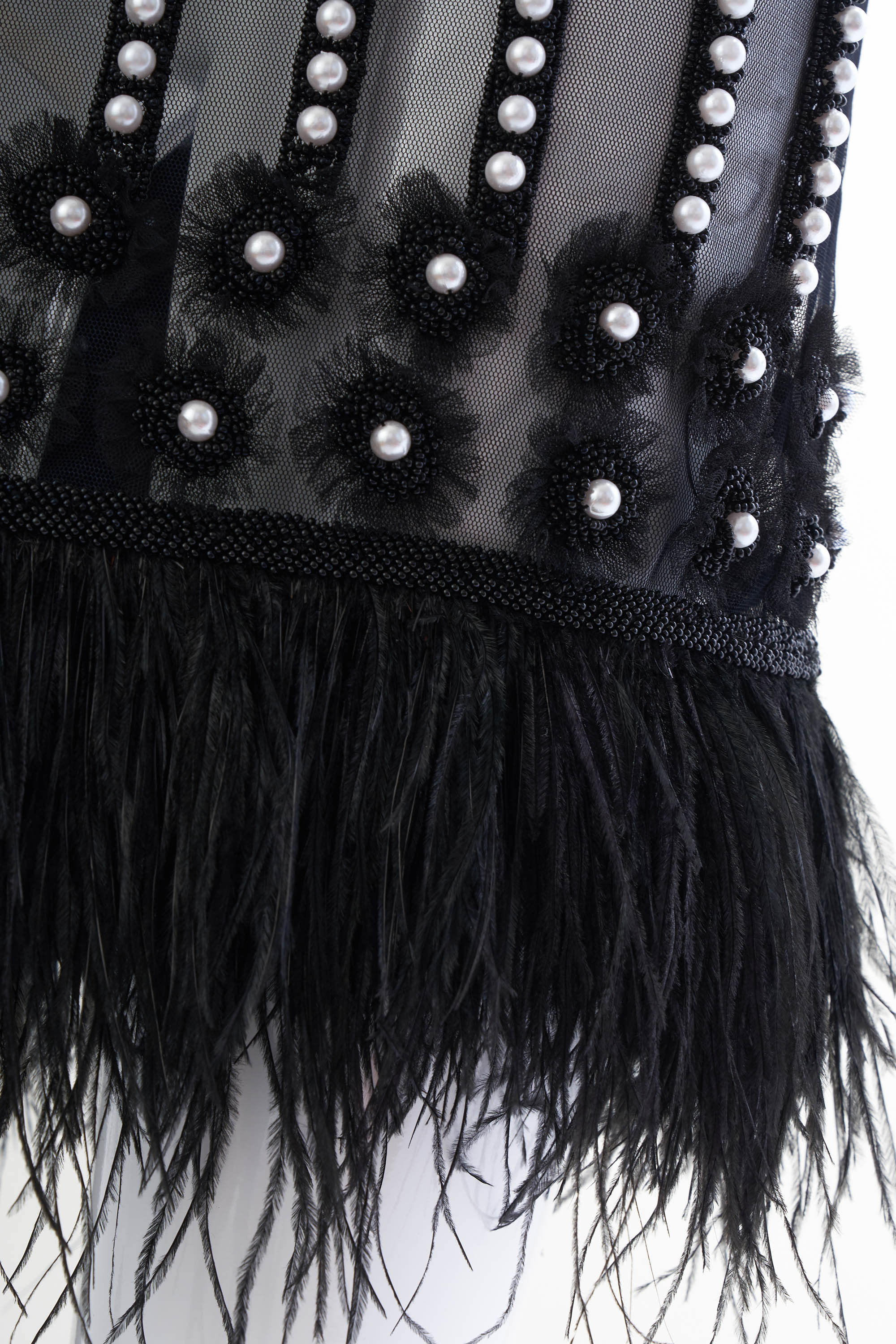 Joanna Mastroianni Black Sleeveless Dress with Feather Trim and Pearl Detail