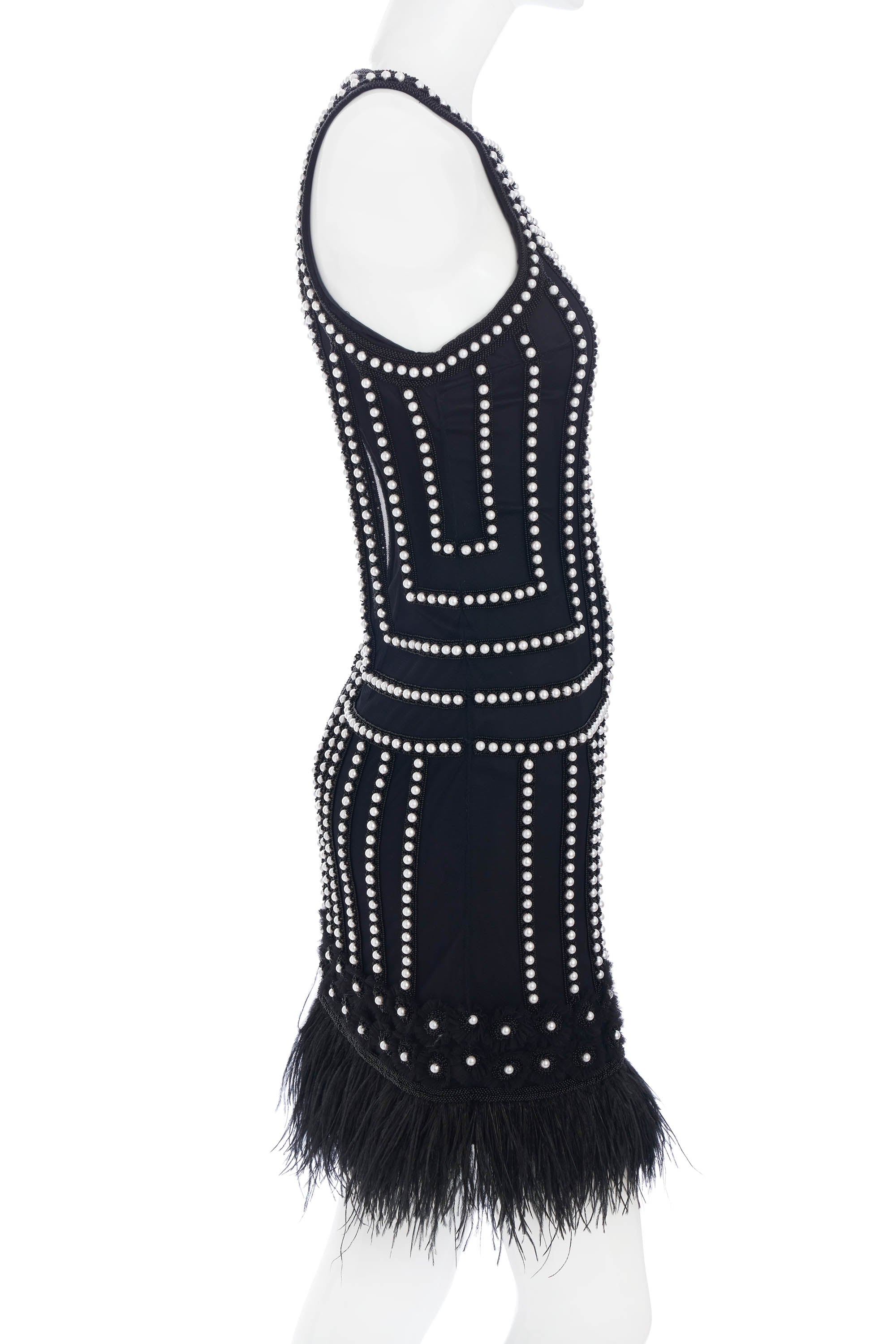 Joanna Mastroianni Black Sleeveless Dress with Feather Trim and Pearl Detail