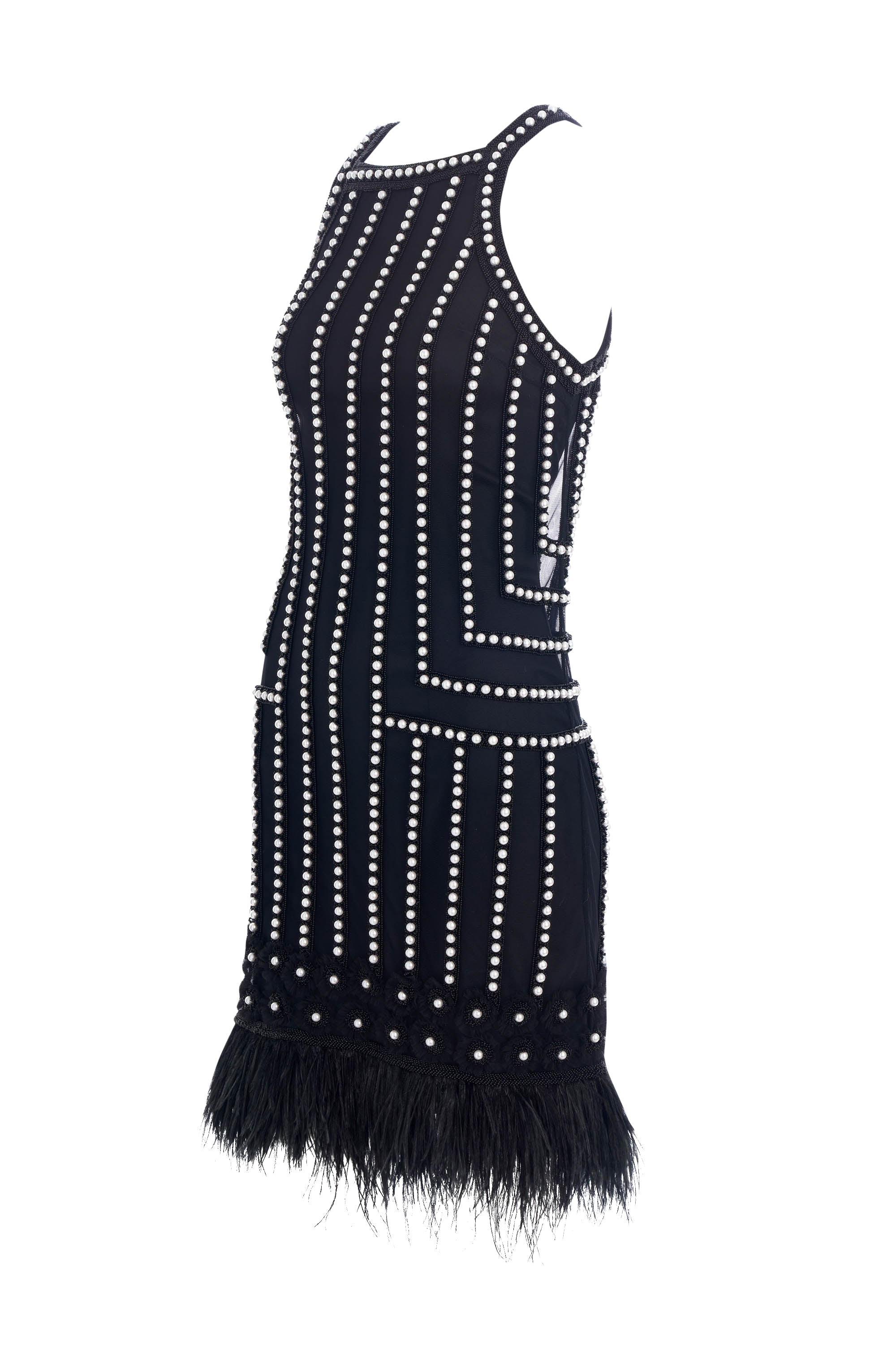 Joanna Mastroianni Black Sleeveless Dress with Feather Trim and Pearl Detail