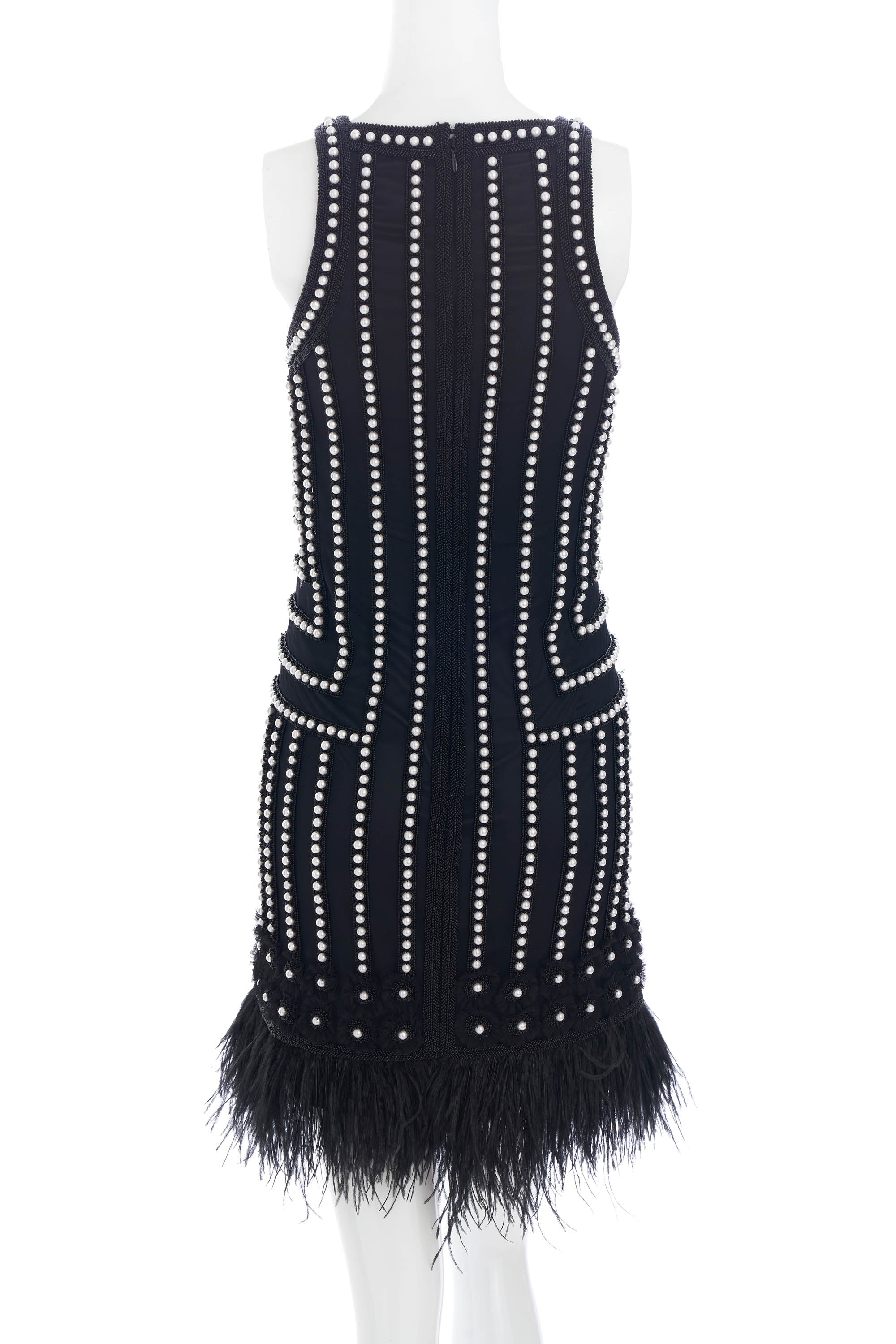 Joanna Mastroianni Black Sleeveless Dress with Feather Trim and Pearl Detail