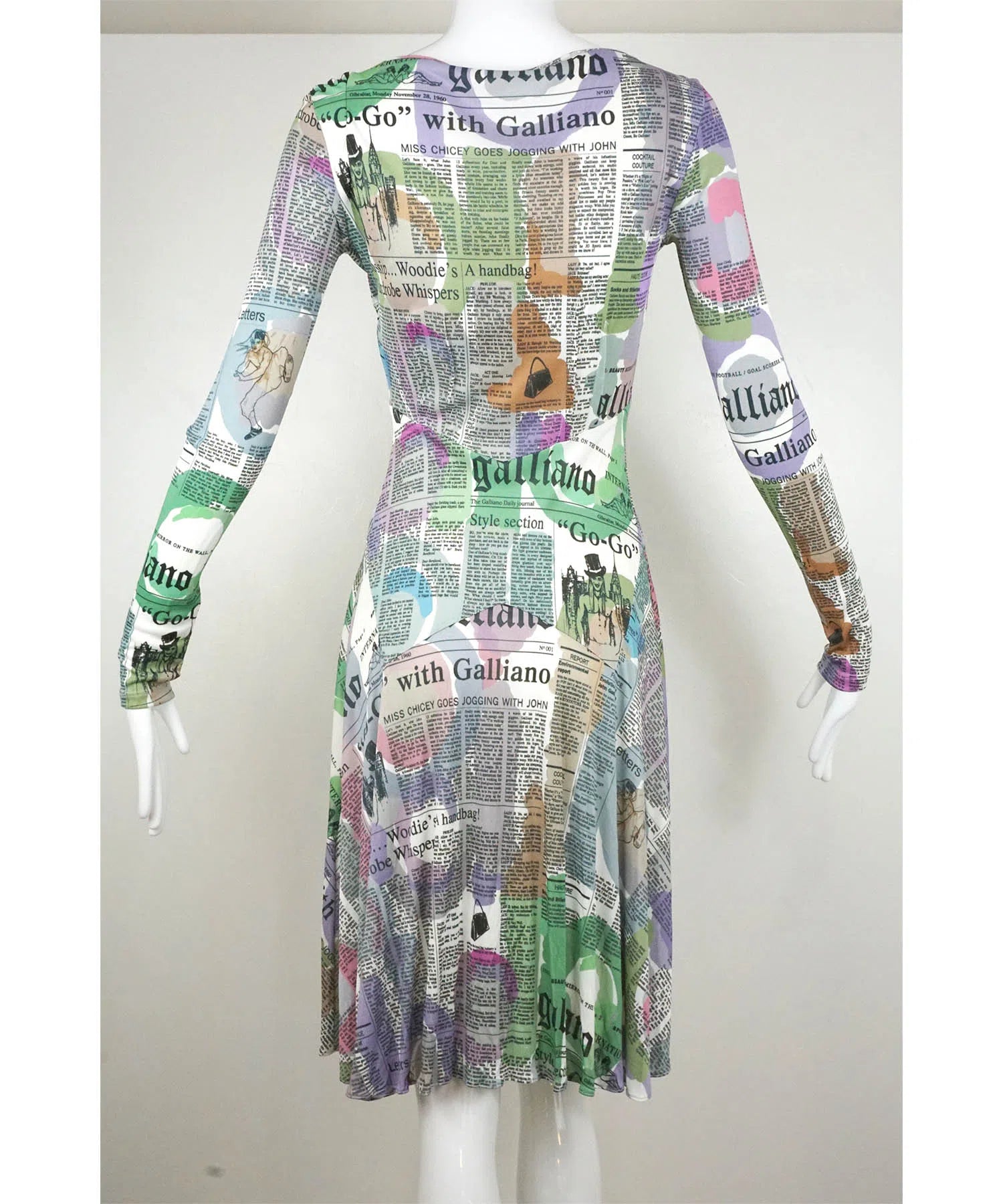 John Galliano Vintage Watercolor Newsprint Jersey Dress 1990's - Foxy Couture Carmel