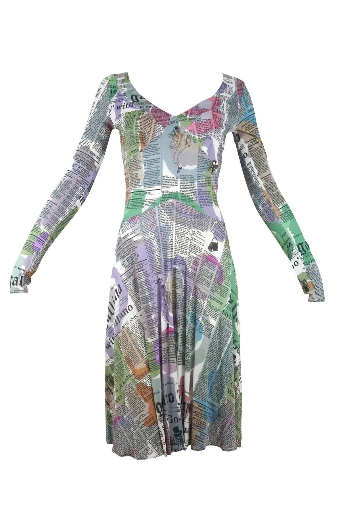 John Galliano Vintage Watercolor Newsprint Jersey Dress 1990&#39;s