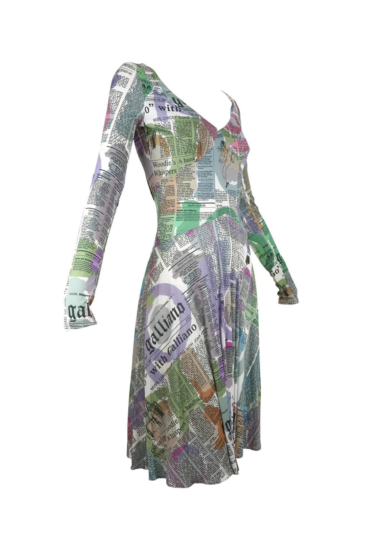 John Galliano Vintage Watercolor Newsprint Jersey Dress 1990&#39;s