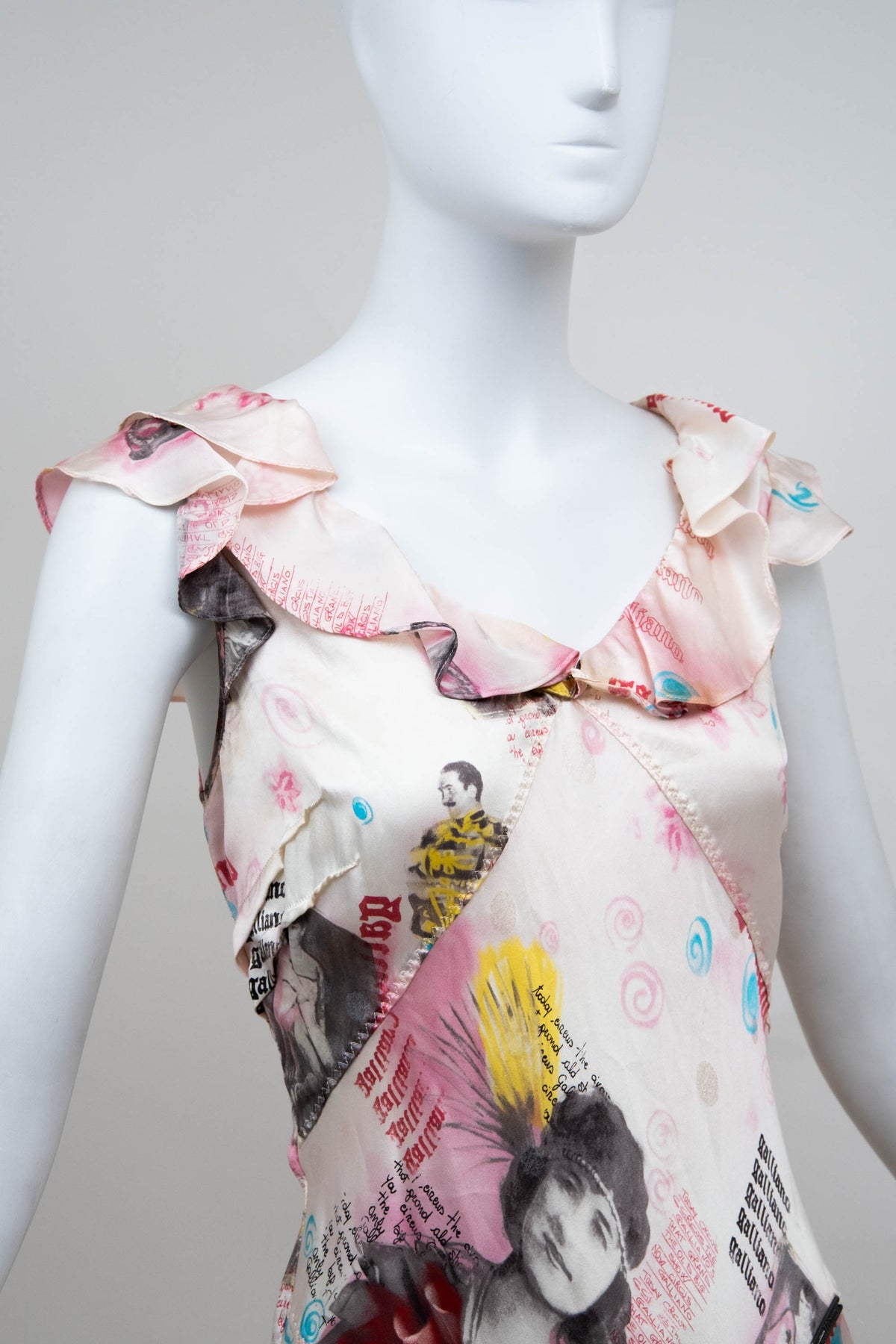John Galliano Blush Graphic Montage Ruffle Neck Dress 2007 Size 8