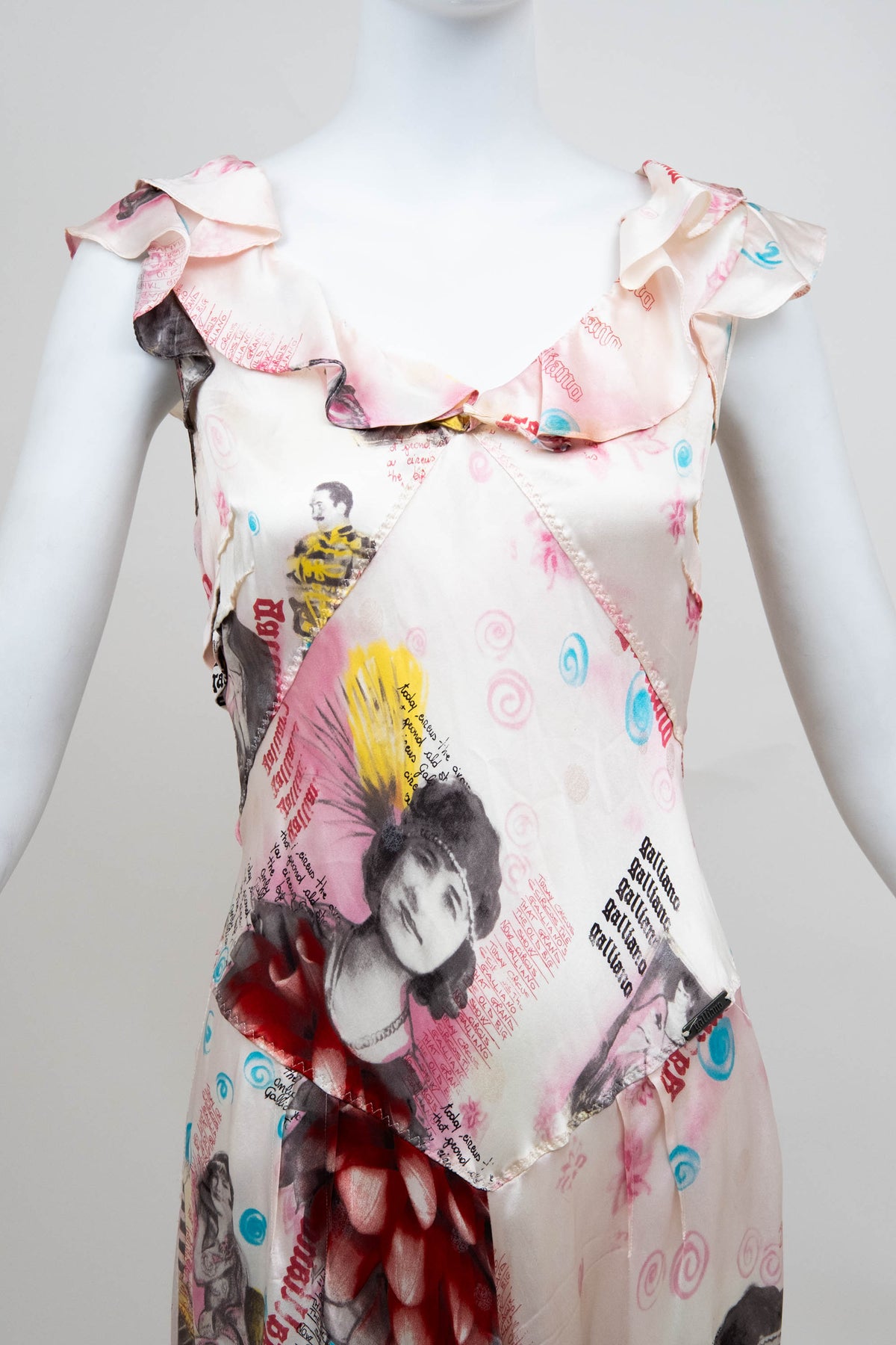 John Galliano Blush Graphic Montage Ruffle Neck Dress 2007 Size 8