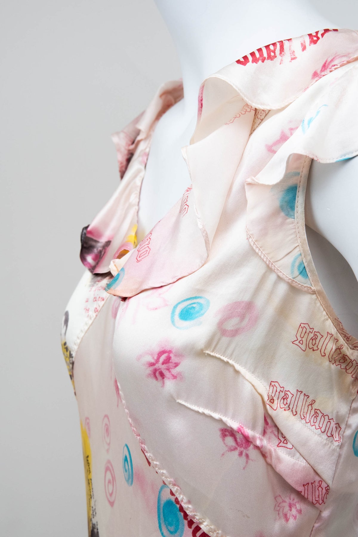 John Galliano Blush Graphic Montage Ruffle Neck Dress 2007 Size 8
