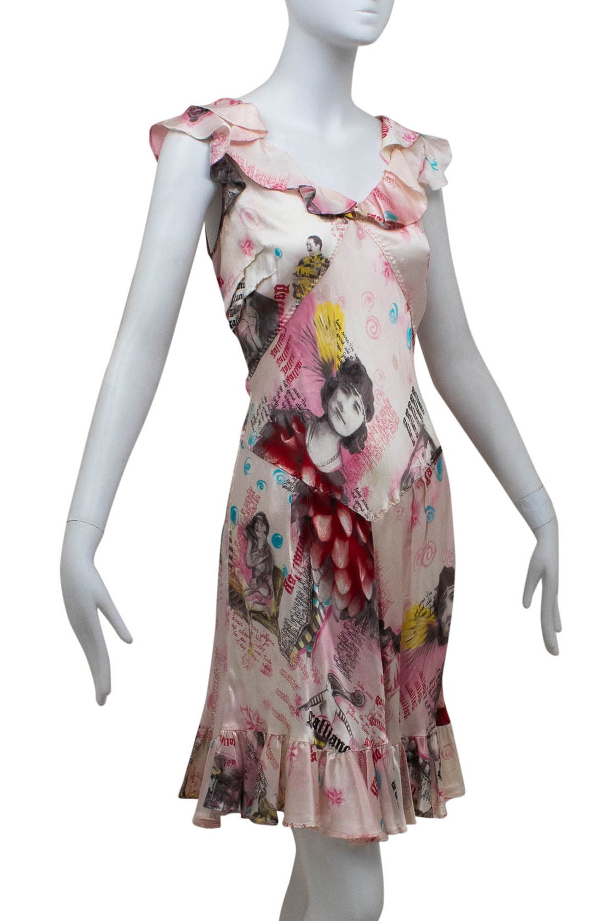 John Galliano Blush Graphic Montage Ruffle Neck Dress 2007 Size 8