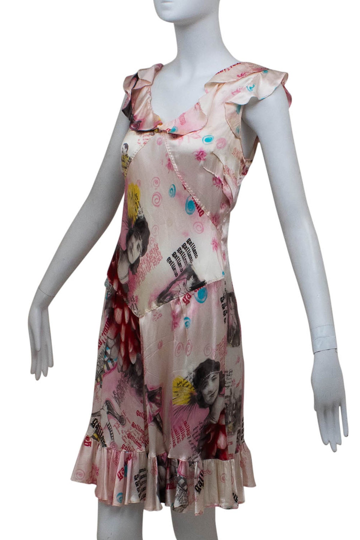 John Galliano Blush Graphic Montage Ruffle Neck Dress 2007 Size 8