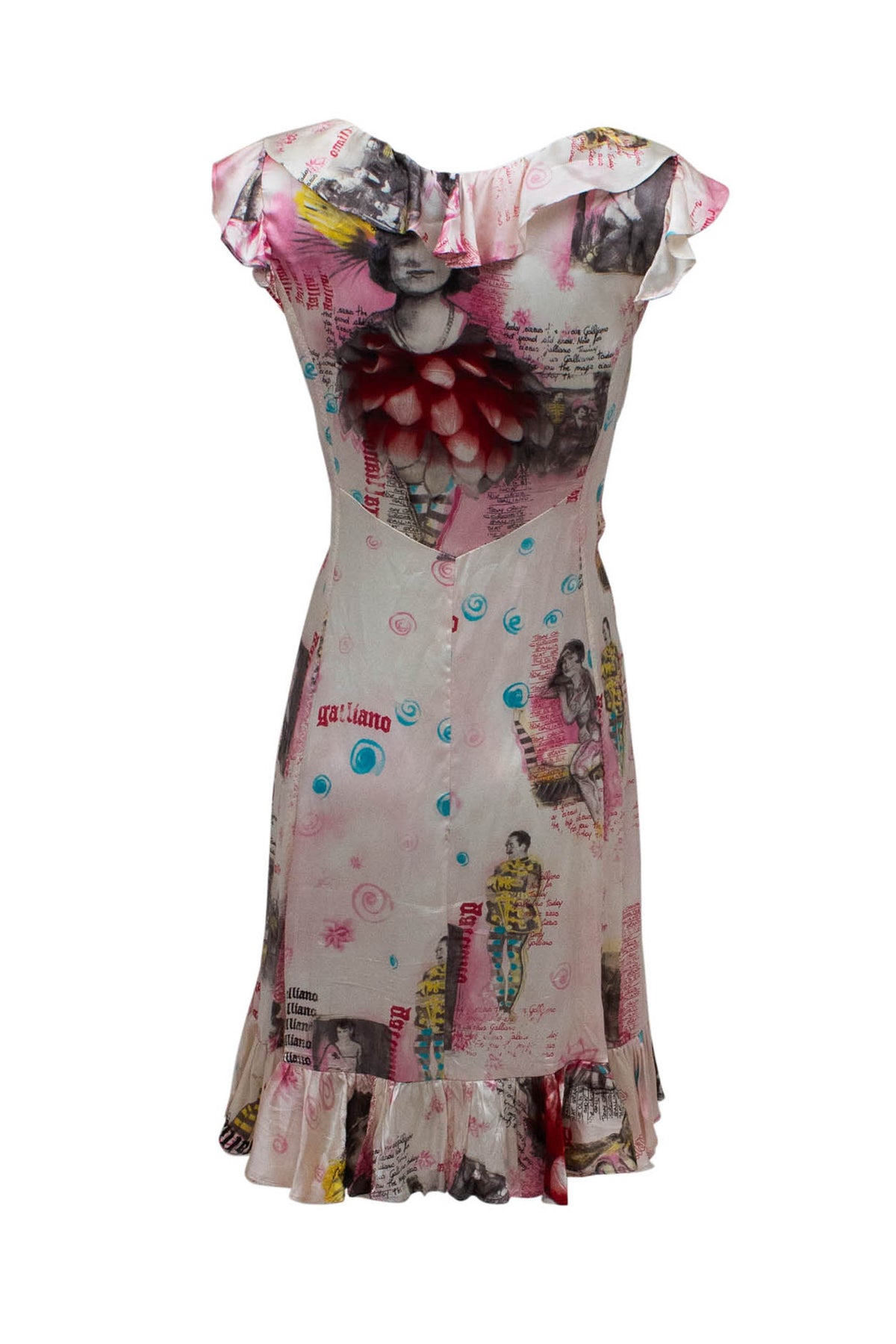John Galliano Blush Graphic Montage Ruffle Neck Dress 2007 Size 8