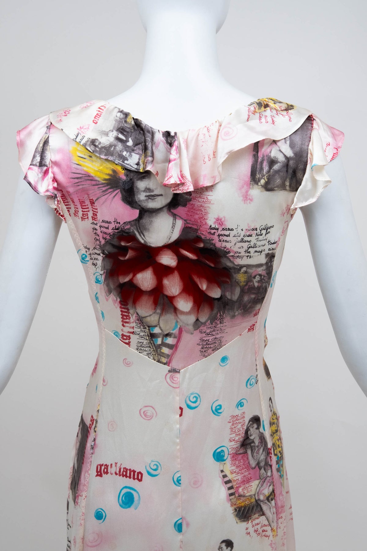 John Galliano Blush Graphic Montage Ruffle Neck Dress 2007 Size 8