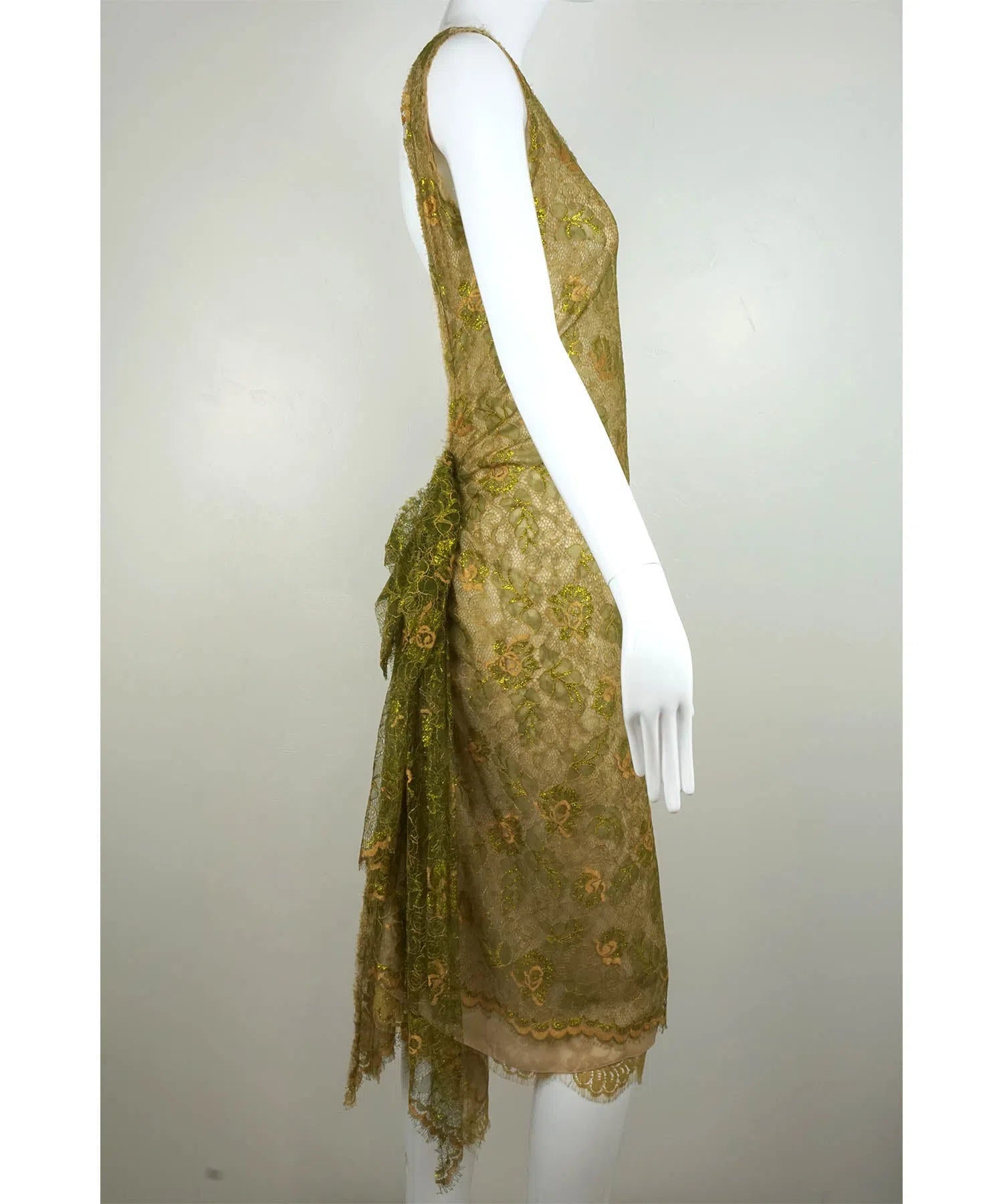 Lanvin Metallic Lace Backless Bustle Dress - Foxy Couture Carmel