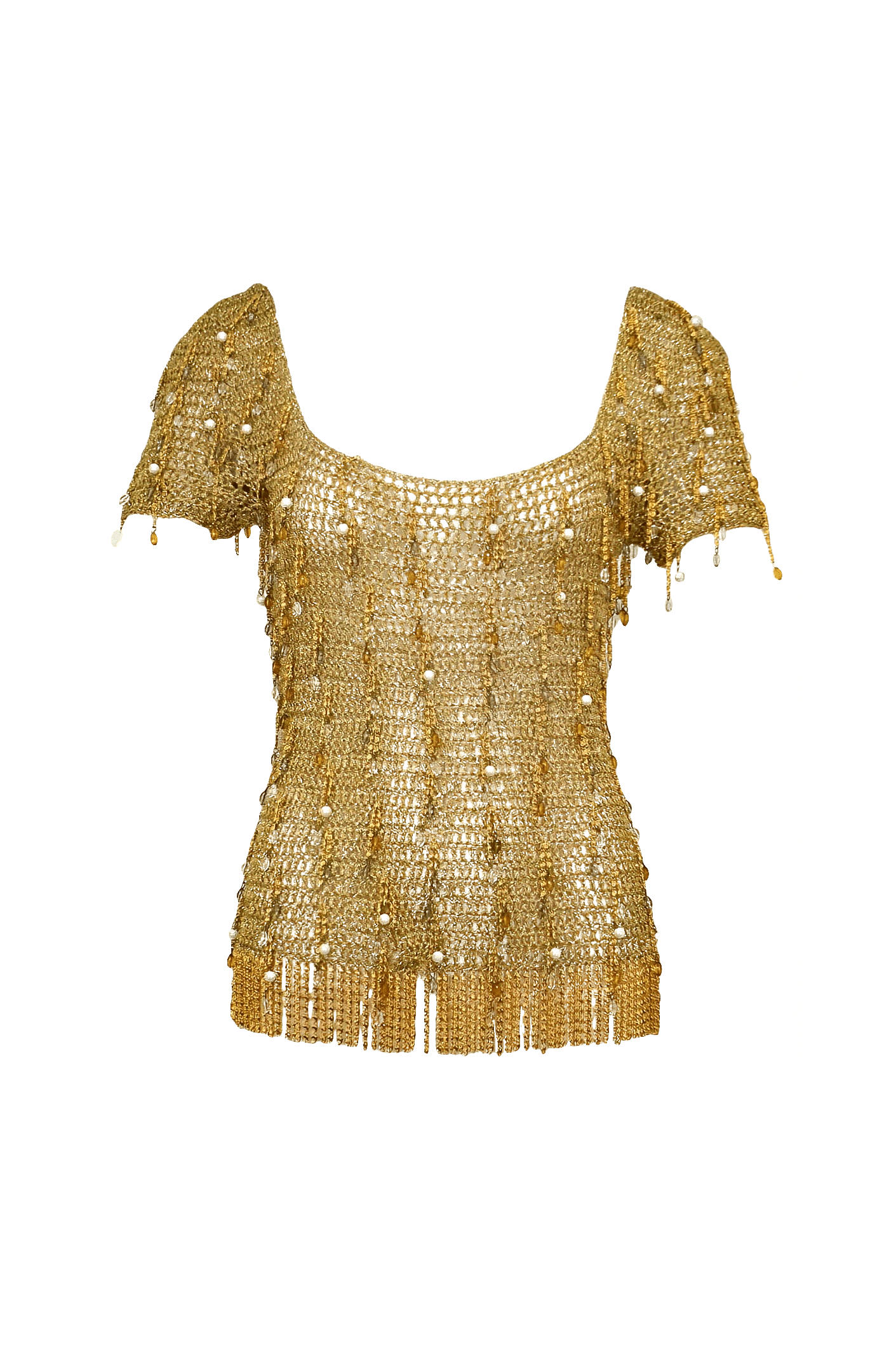 Lorris Azzaro Vintage 1970s Gold Crochet and Chain Top Sz Small - Foxy Couture Carmel