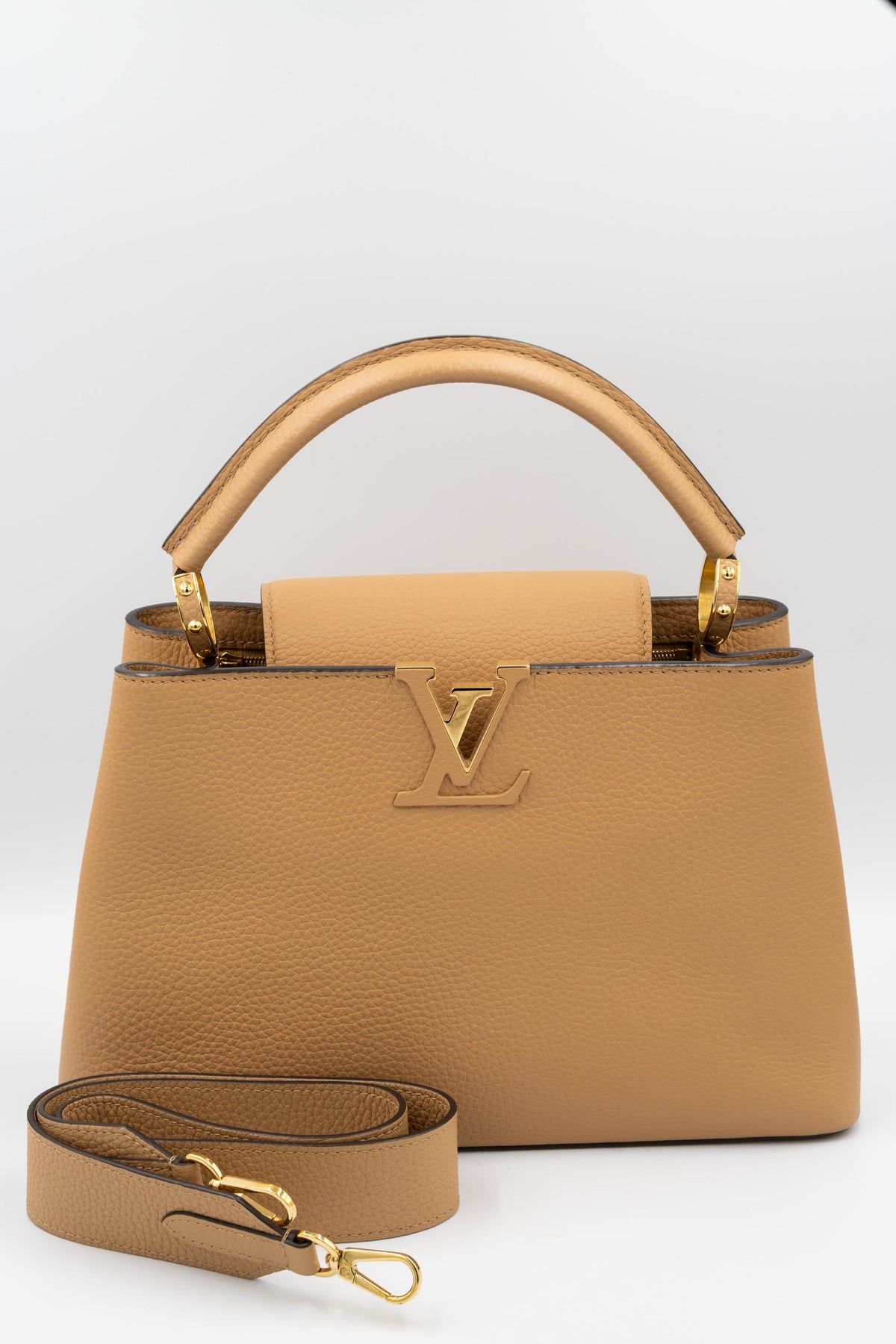Louis Vuitton Beige Leather Capucines Top Handle Purse Size MM