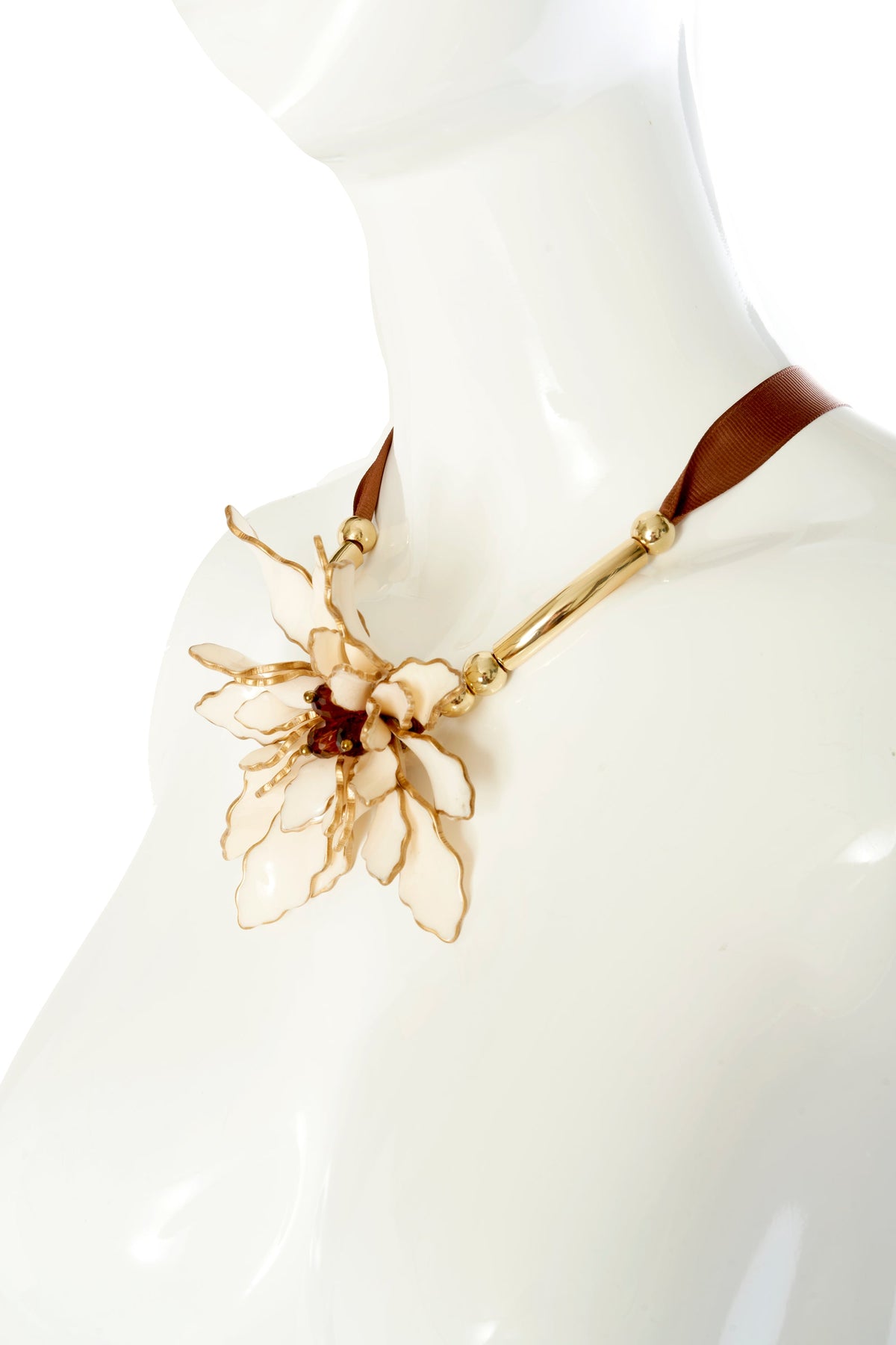 Marni Enamel Crystal Flower on Brown Ribbon Necklace