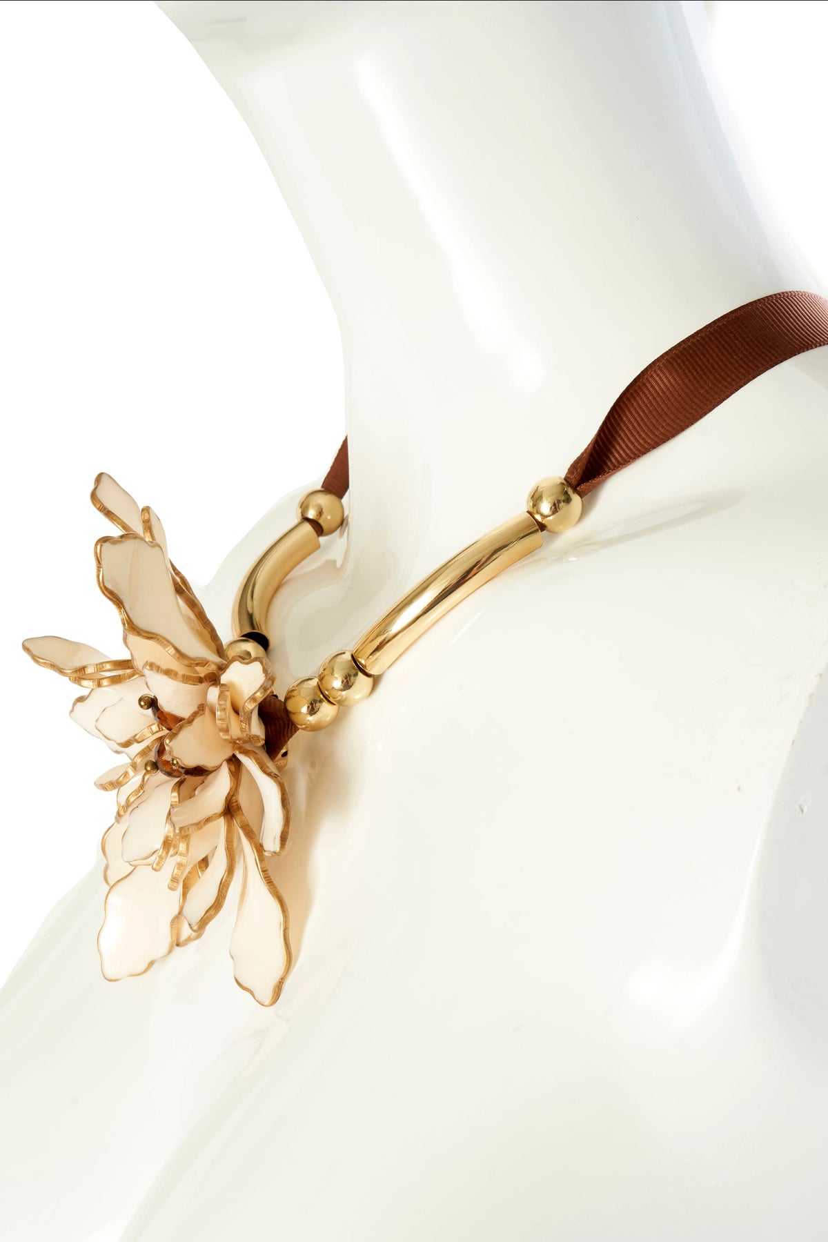 Marni Enamel Crystal Flower on Brown Ribbon Necklace