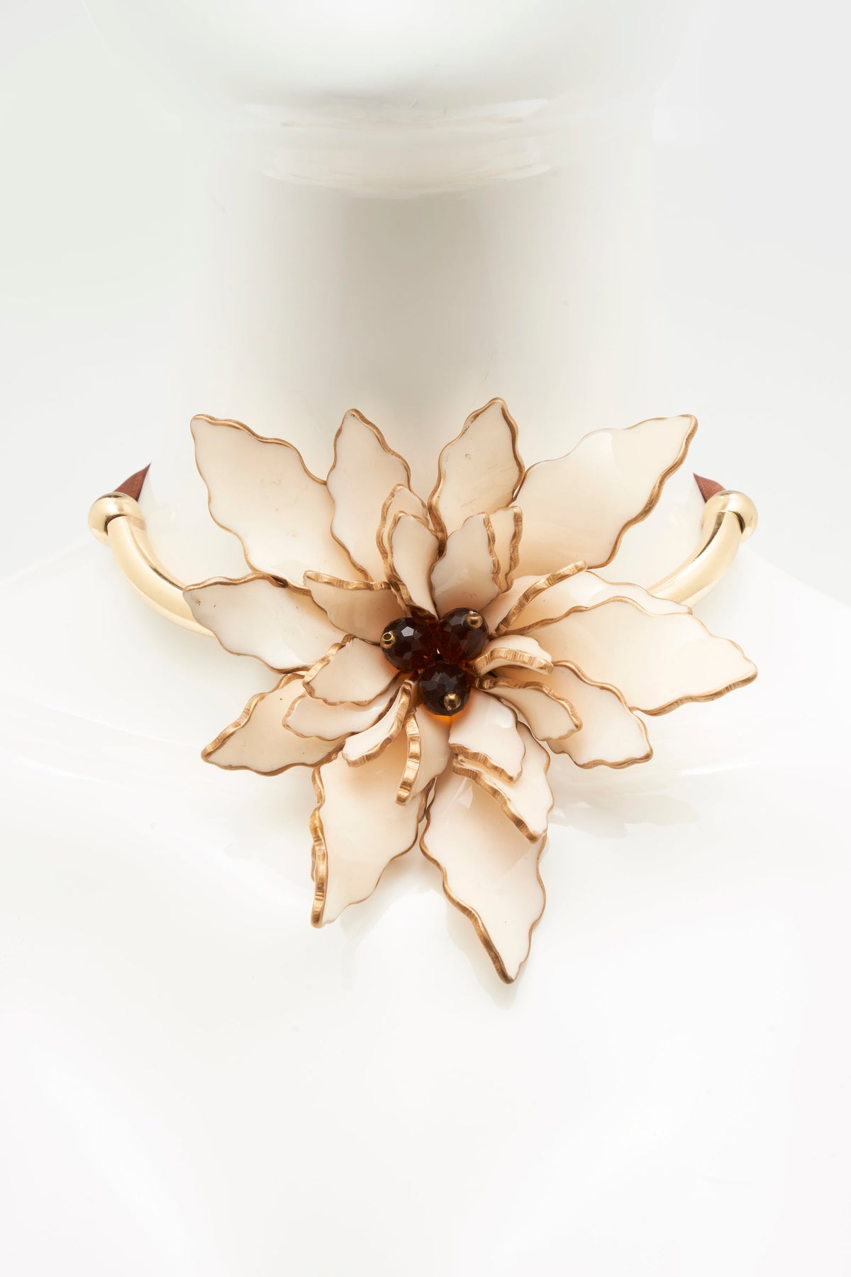 Marni Enamel Crystal Flower on Brown Ribbon Necklace