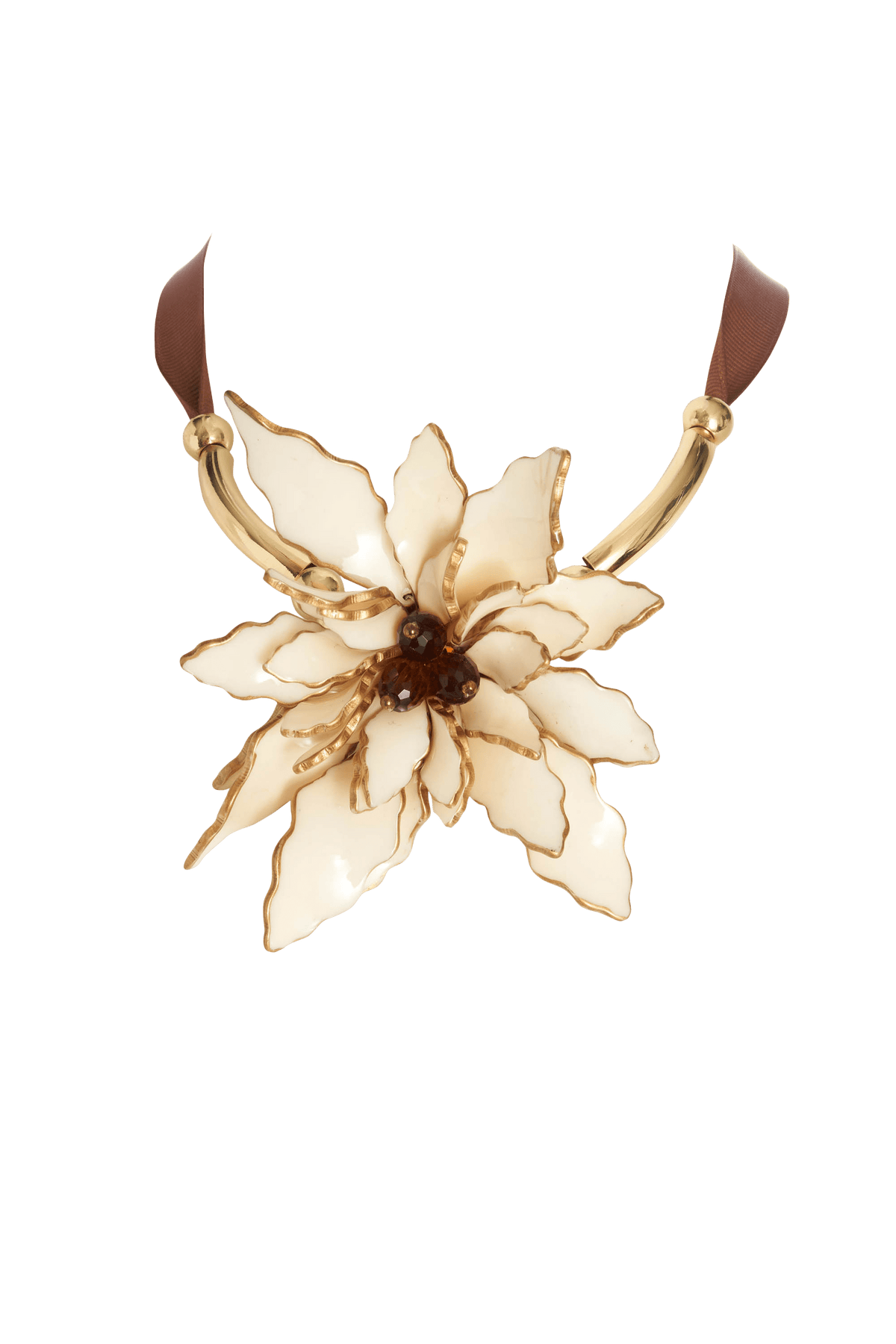 Marni Enamel Crystal Flower on Brown Ribbon Necklace