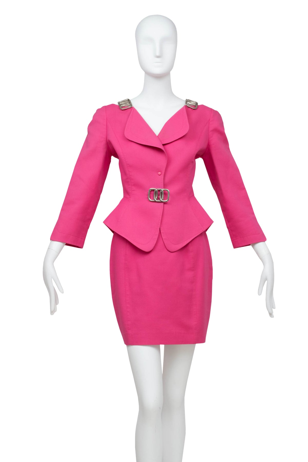 Thierry Mugler Hot Pink Skirt and Suit Jacket with Chain Accents Size 38