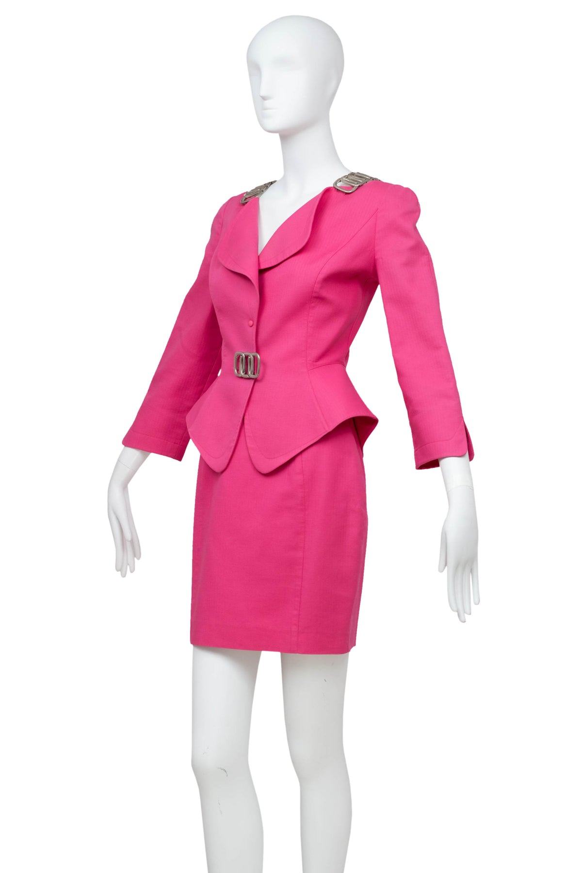 Thierry Mugler Hot Pink Skirt and Suit Jacket with Chain Accents Size 38