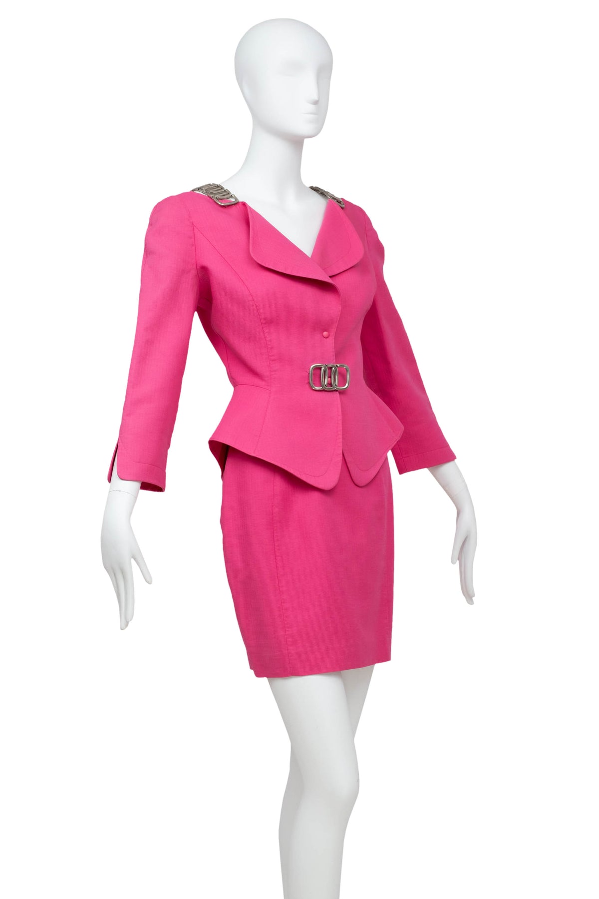 Thierry Mugler Hot Pink Skirt and Suit Jacket with Chain Accents Size 38