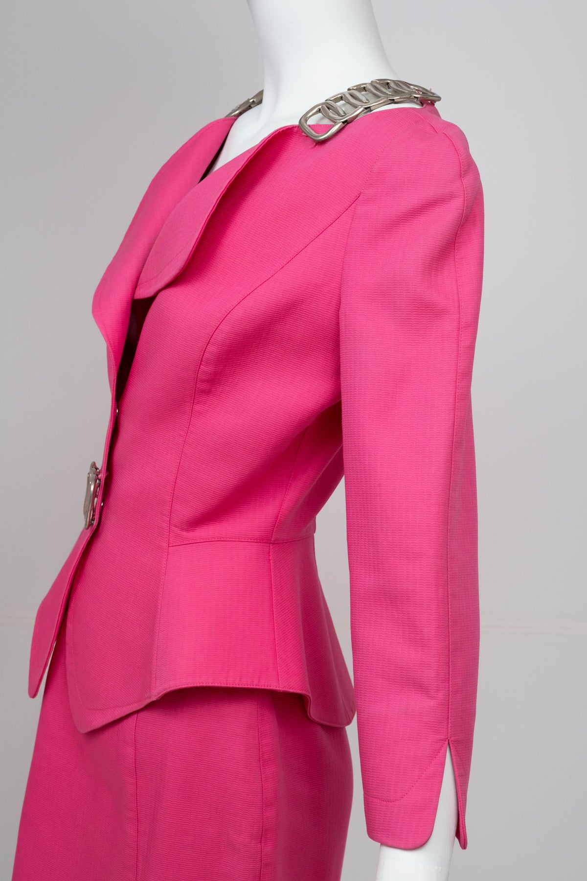 Thierry Mugler Hot Pink Skirt and Suit Jacket with Chain Accents Size 38