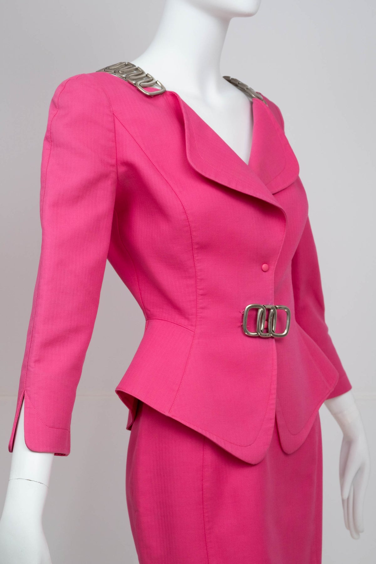 Thierry Mugler Hot Pink Skirt and Suit Jacket with Chain Accents Size 38